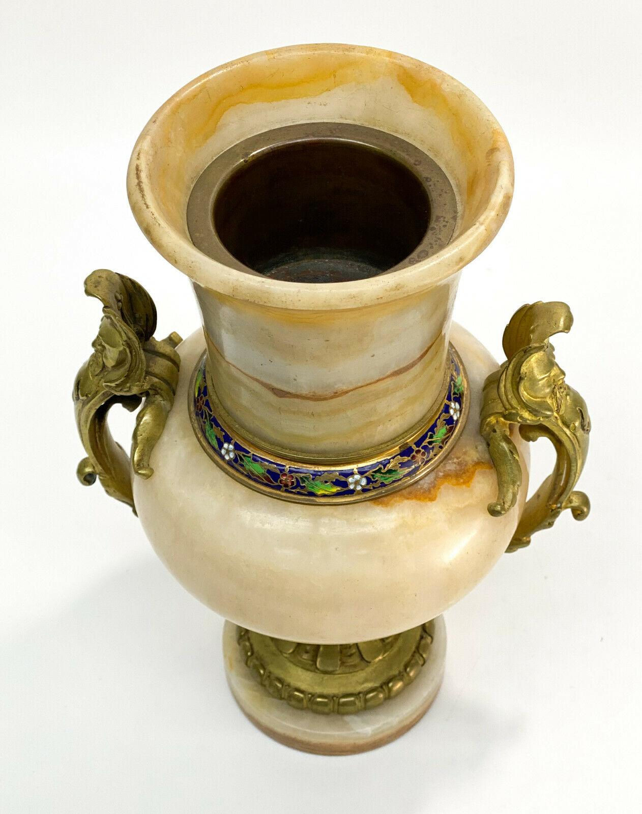 French Champleve Enamel and Beige Onyx Stone Bronze Mounted Urn, 19th Century For Sale 2