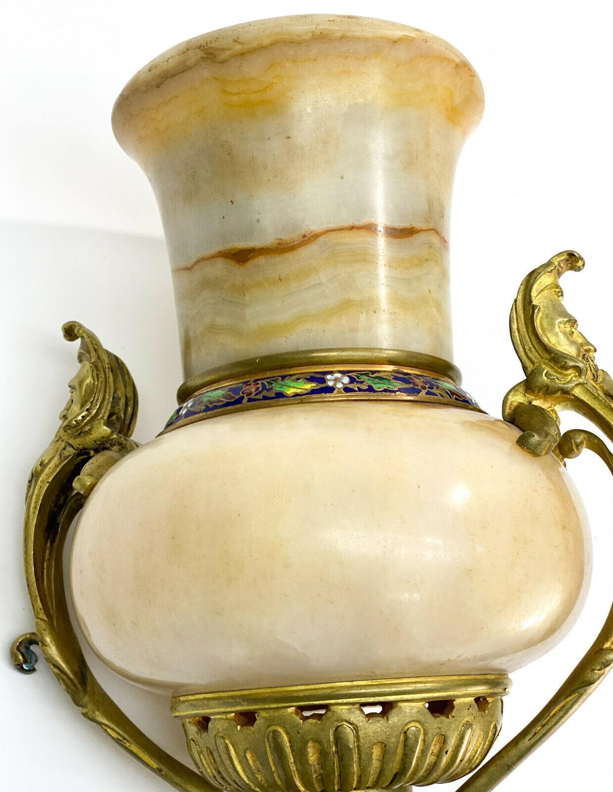 French Champleve Enamel and Beige Onyx Stone Bronze Mounted Urn, 19th Century For Sale 4