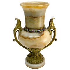 French Champleve Enamel and Beige Onyx Stone Bronze Mounted Urn, 19th Century