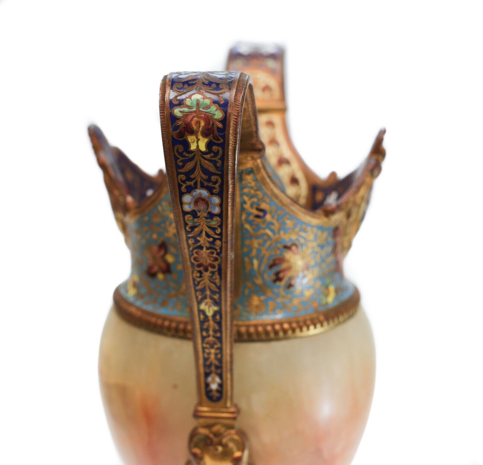 French Champleve Enamel and Onyx Double Handled Vase, 19th Century In Good Condition In Gardena, CA