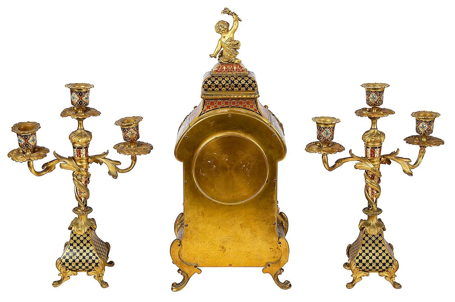 French Champleve enamel clock set, 19th Century. For Sale 4