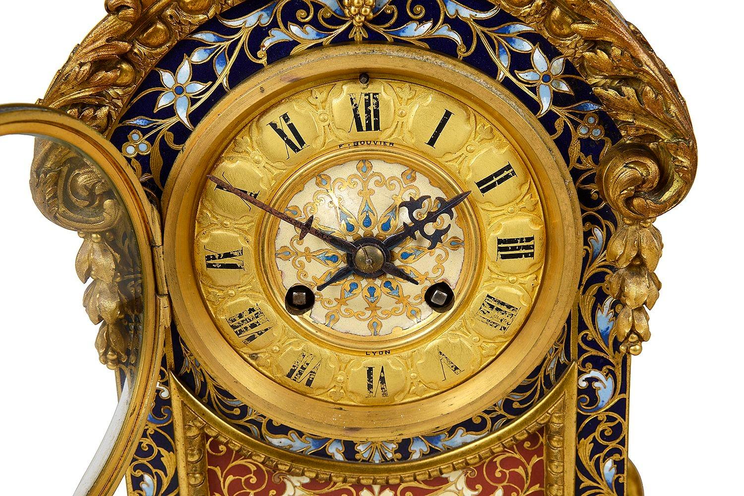 Louis XVI French Champleve enamel clock set, 19th Century. For Sale