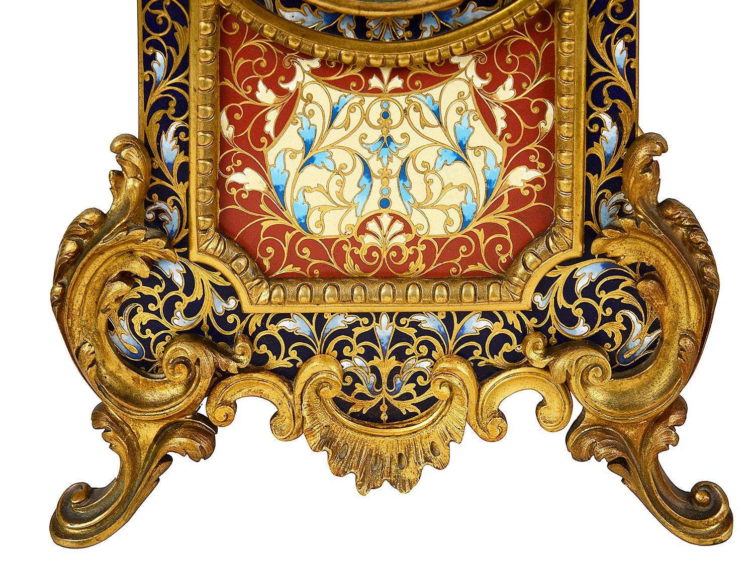 Gilt French Champleve enamel clock set, 19th Century. For Sale