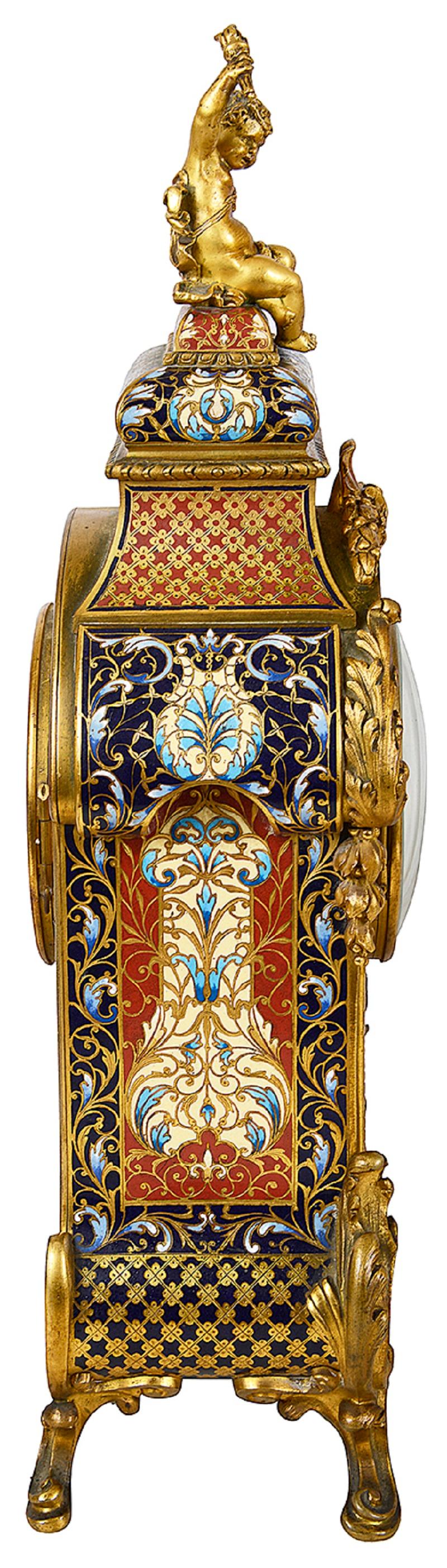 French Champleve enamel clock set, 19th Century. In Good Condition For Sale In Brighton, Sussex