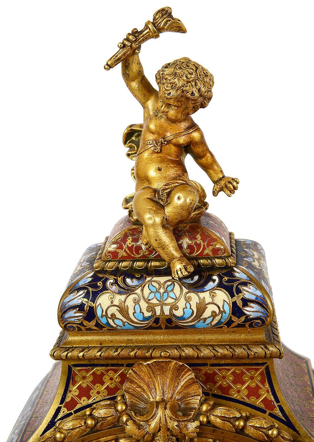 Enamel French Champleve enamel clock set, 19th Century. For Sale