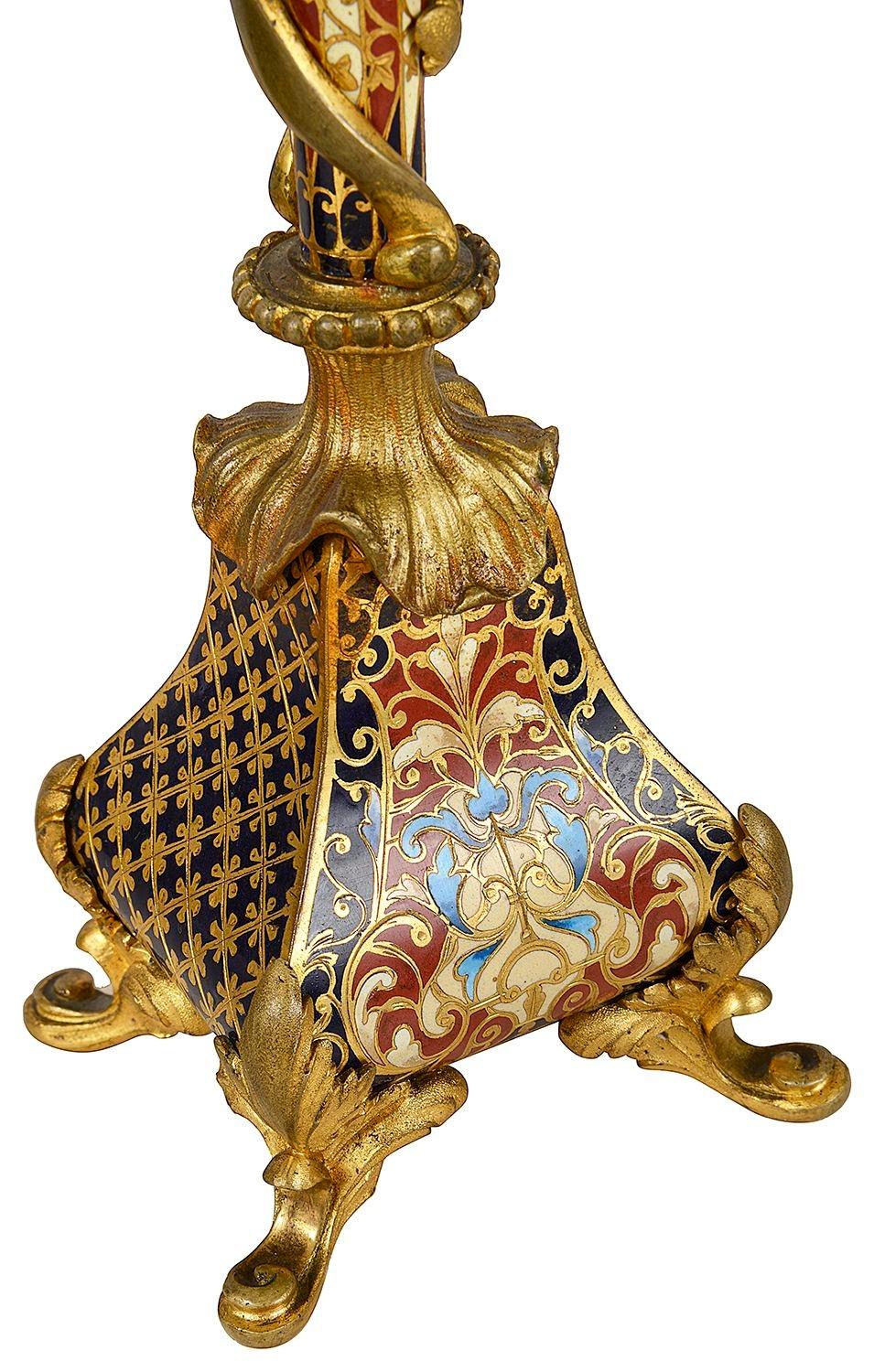 French Champleve enamel clock set, 19th Century. For Sale 1