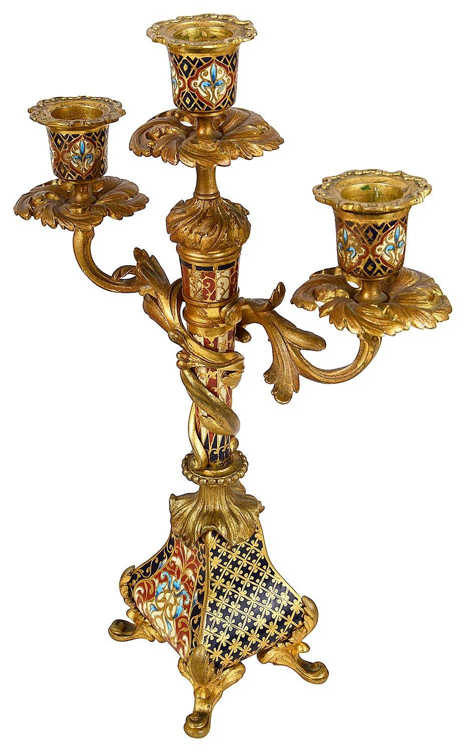 French Champleve enamel clock set, 19th Century. For Sale 3