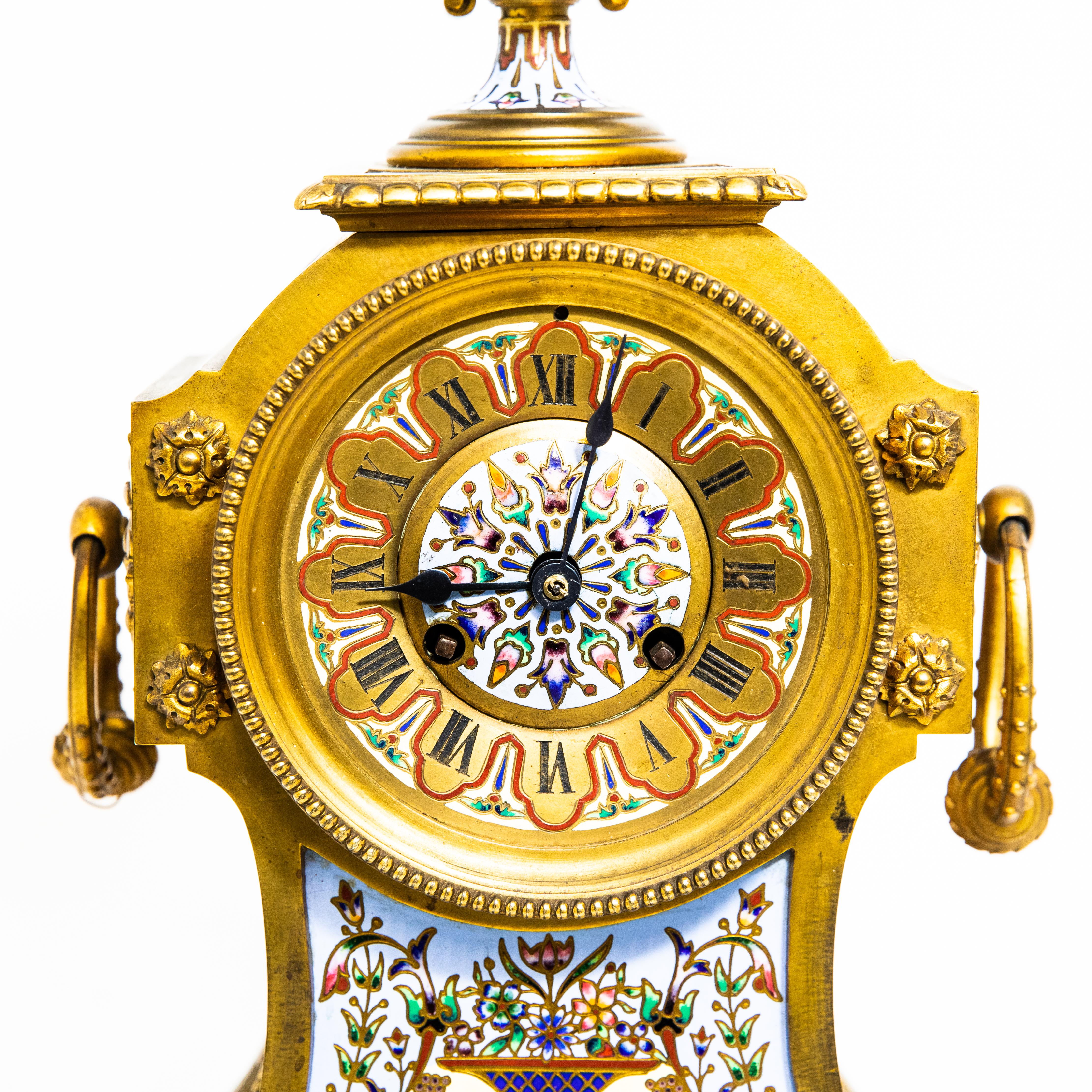 French Champleve Enamel Gilt Bronze Mantel Clock 3