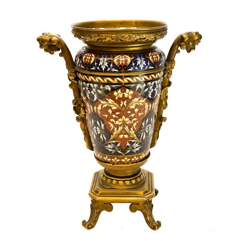 Enameled French Champleve Enamel Gilt Bronze Mounted Vase, Barbedienne Quality, 19th