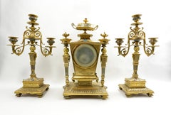 French champlevé Enamel Greek Revival Bronze Clock Set