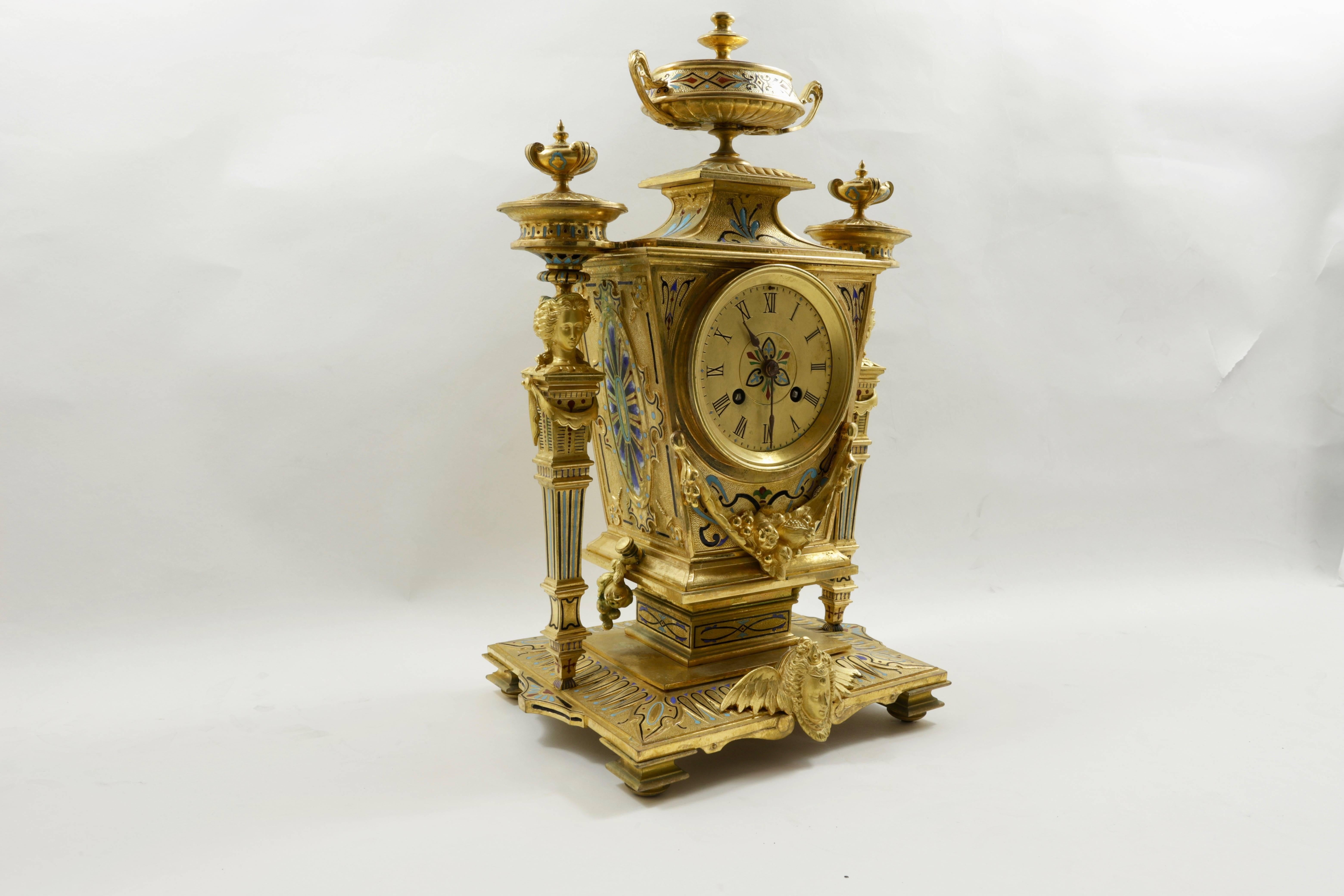 French champlevé Enamel Greek Revival Bronze Clock Set In Excellent Condition In New York, NY