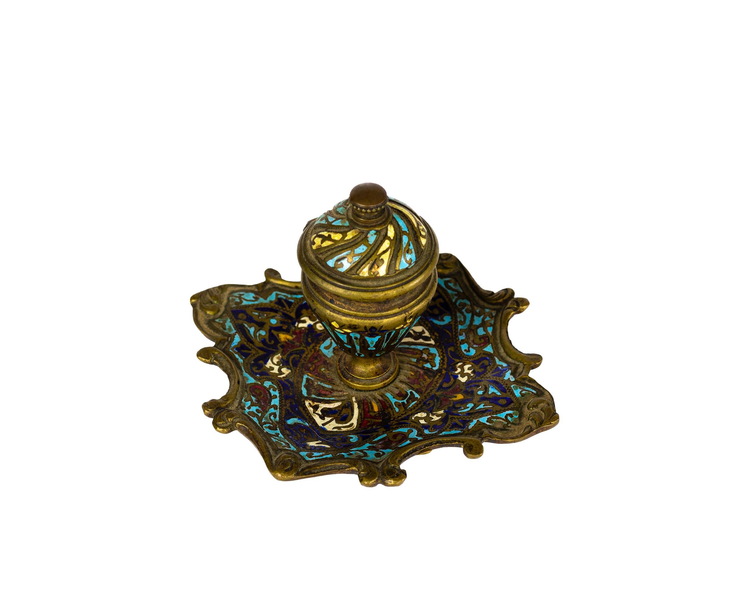Tintero francés de esmalte champlevé, Napoleón III, Siglo XIX Francés en venta