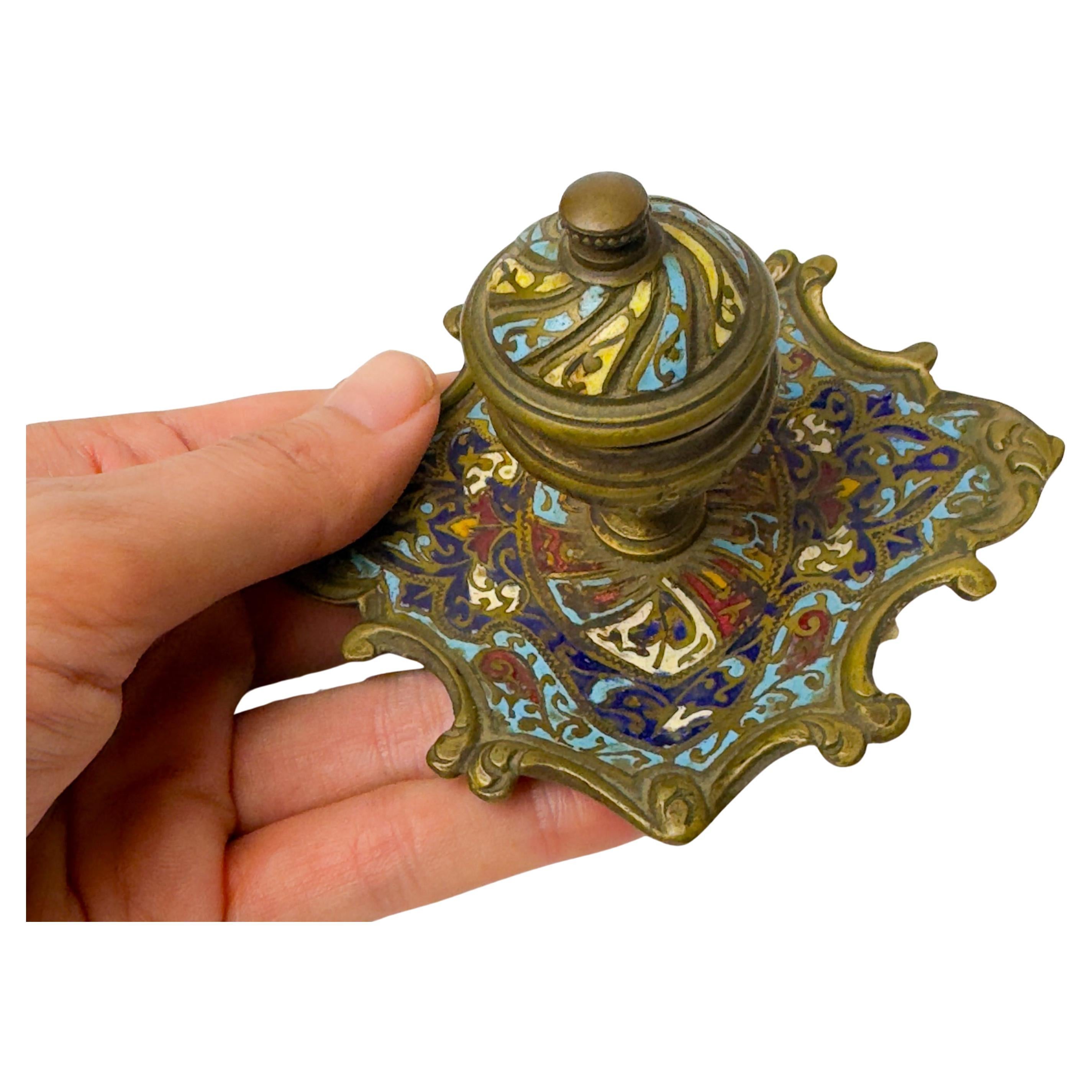 French Champlevé Enamel Inkwell, Napoleon III, 19th Century