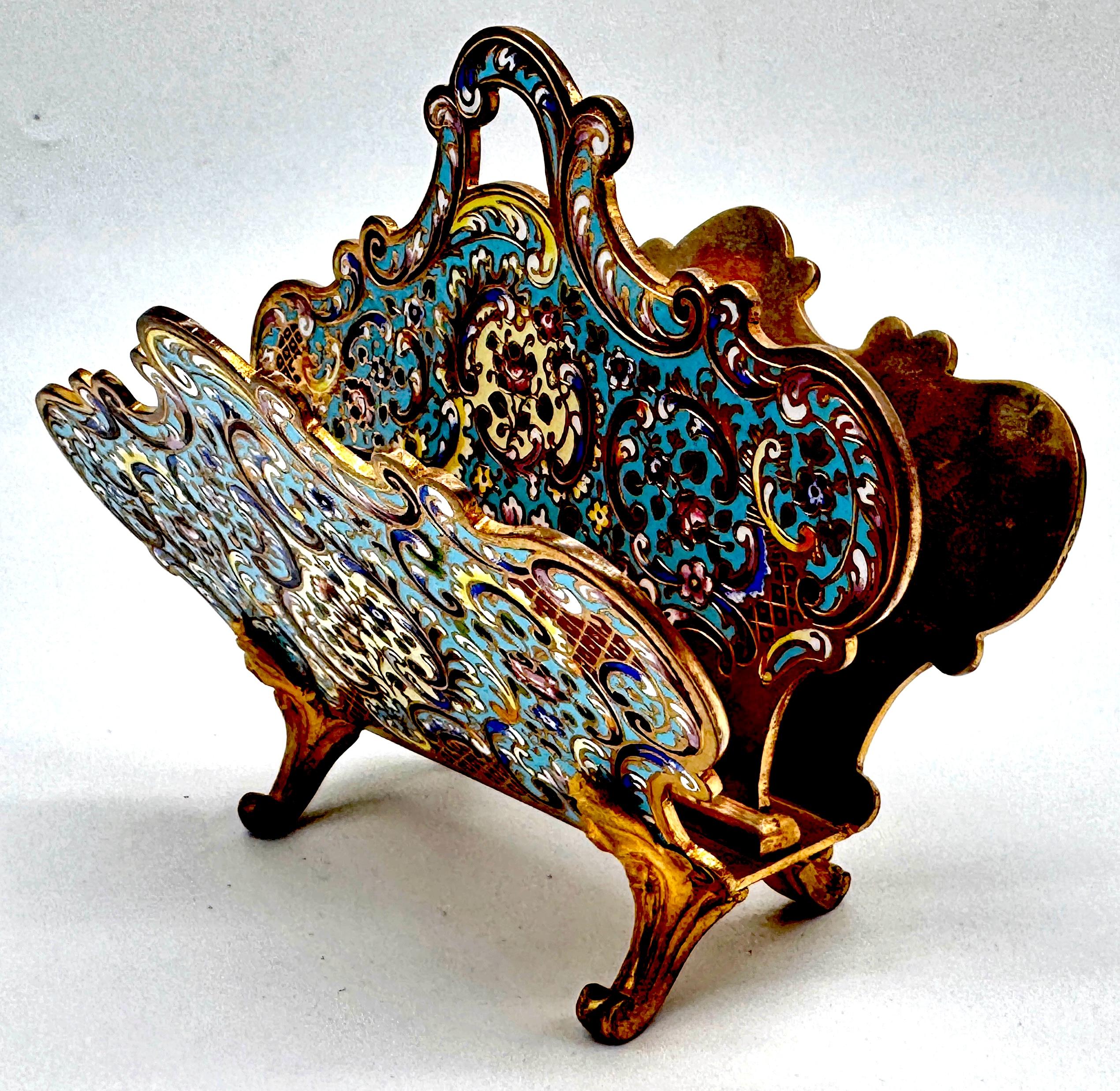 Enameled French Champlevé Enamel & Ormolu Letter Rack, Late 19th Century For Sale