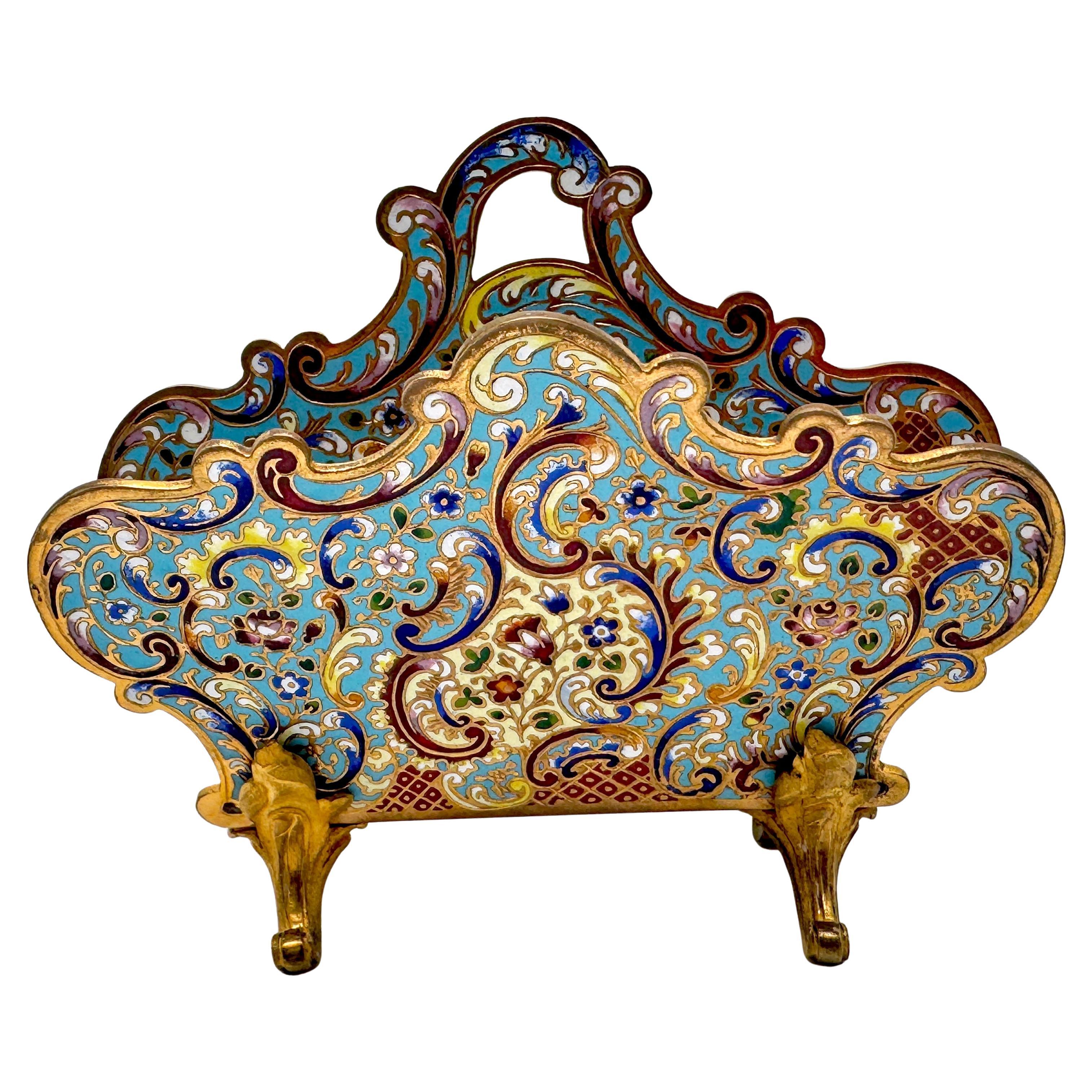 French Champlevé Enamel & Ormolu Letter Rack, Late 19th Century For Sale