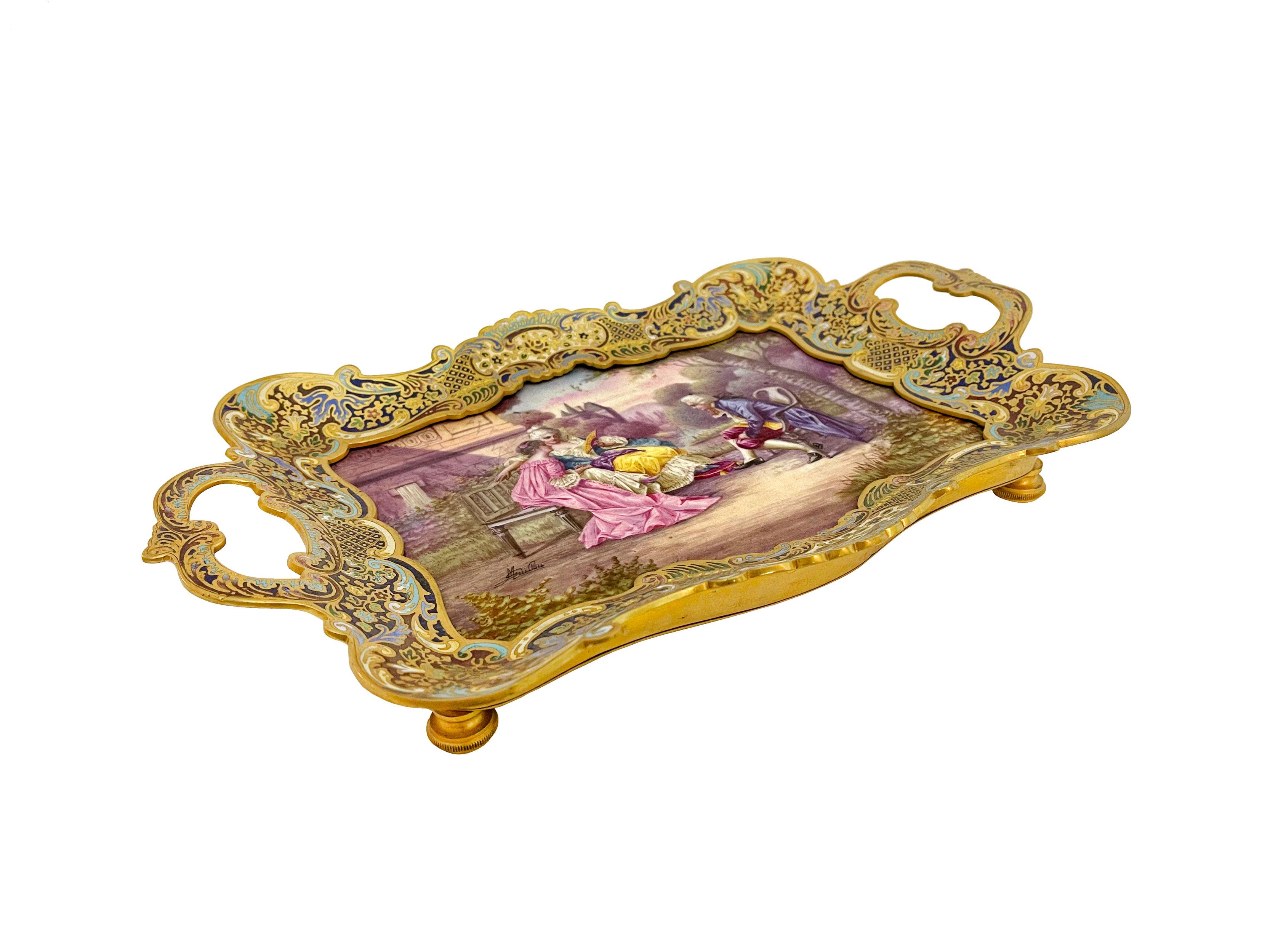 French Champleve Enamel Over Gilt Bronze Mounted Sevres Porcelain Tray In Good Condition For Sale In Pasadena, CA