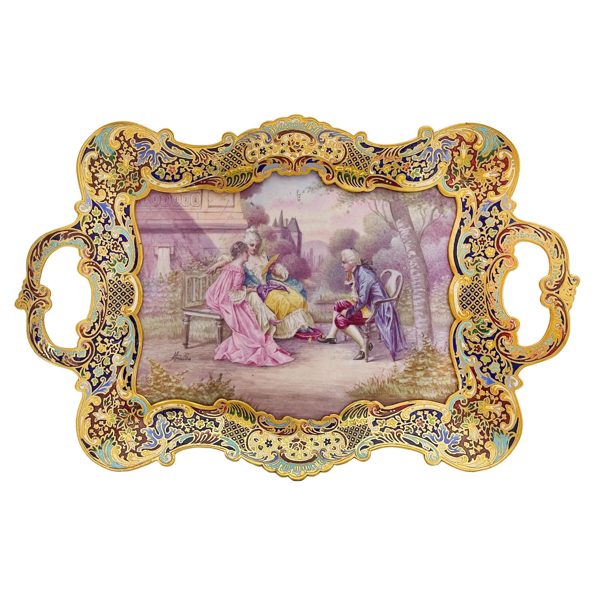 French Champleve Enamel Over Gilt Bronze Mounted Sevres Porcelain Tray For Sale