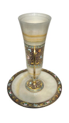 French Champleve Enameled Bronze and Onyx Centerpiece Vase