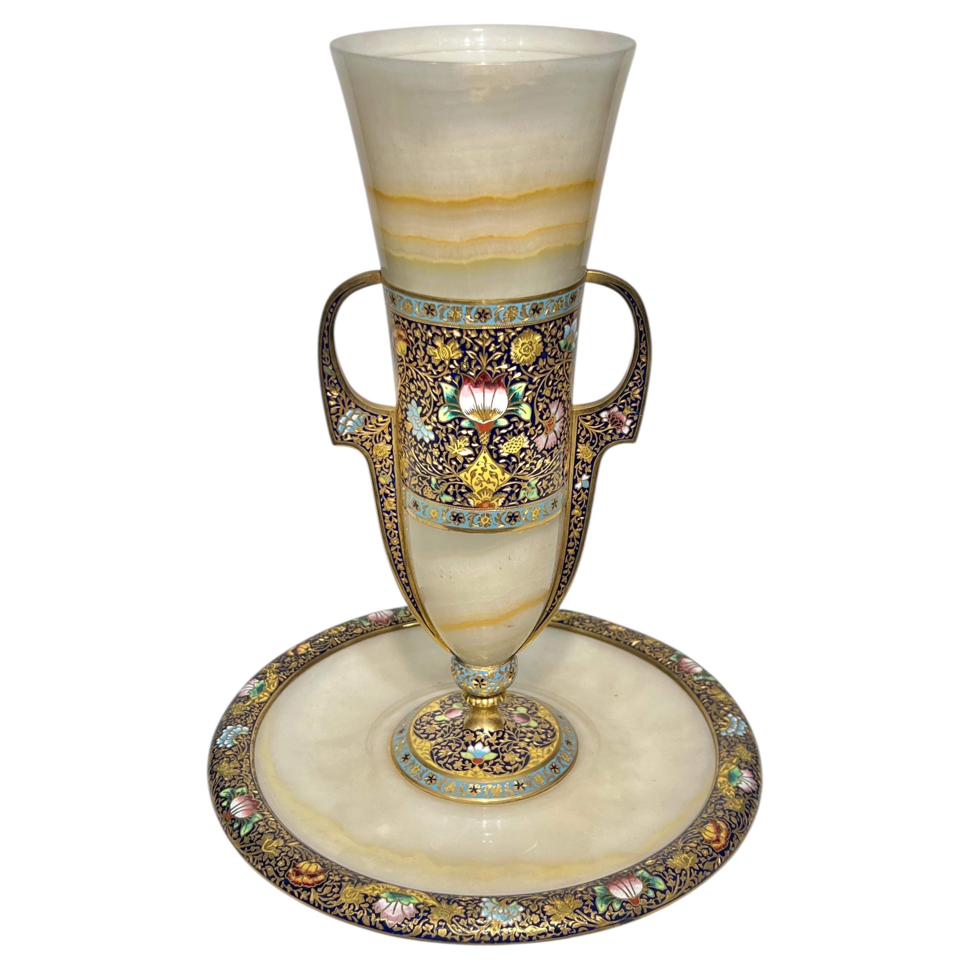 French Champleve Enameled Bronze and Onyx Centerpiece Vase For Sale