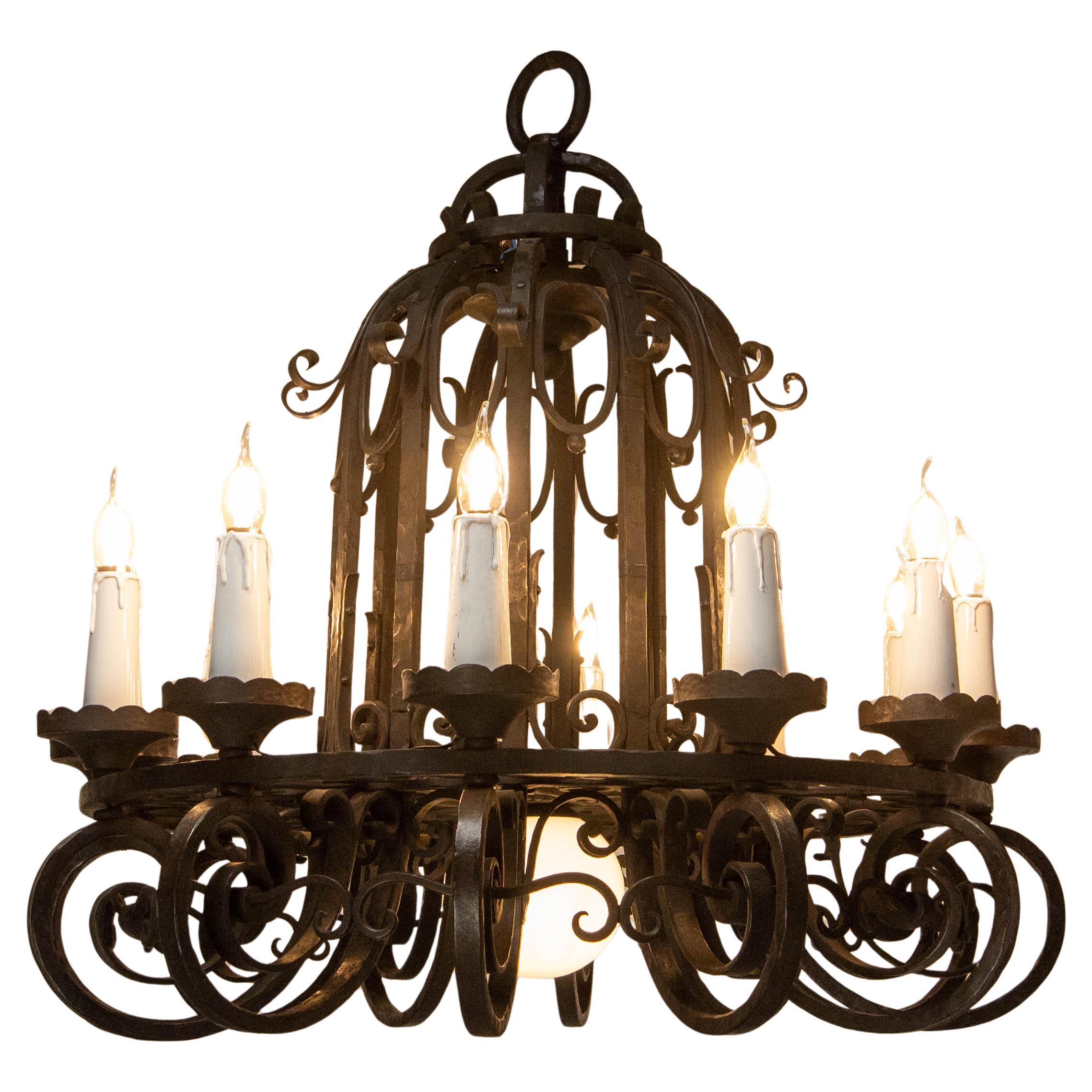 French Chandelier Ceiling Pendant "A La Perle" Lustre Wrought Iron circa 1920