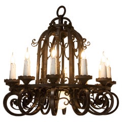 French Chandelier Ceiling Pendant "A La Perle" Lustre Wrought Iron circa 1920