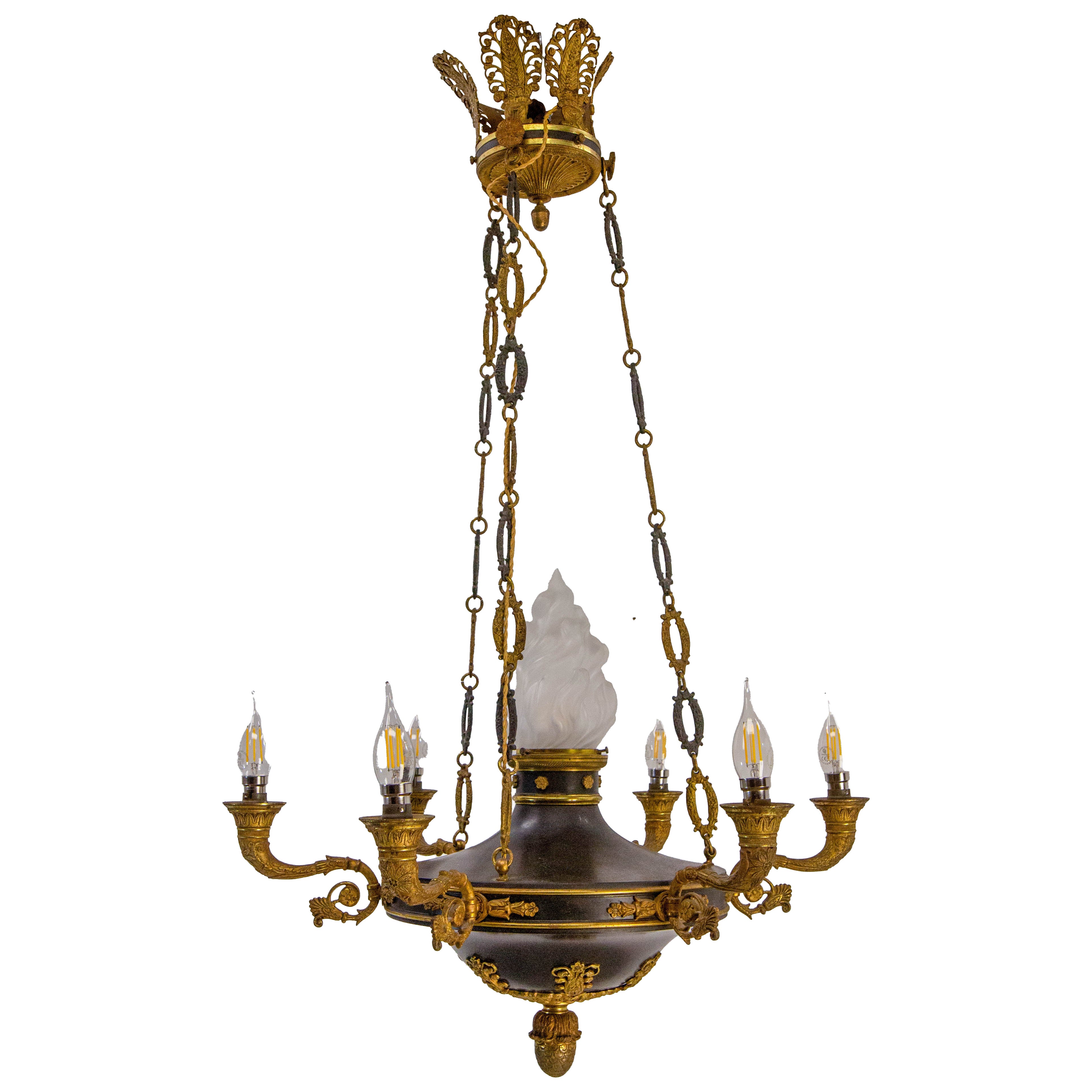 Lampadario francese a sospensione da soffitto in bronzo lustro e vetro stile impero circa 1890