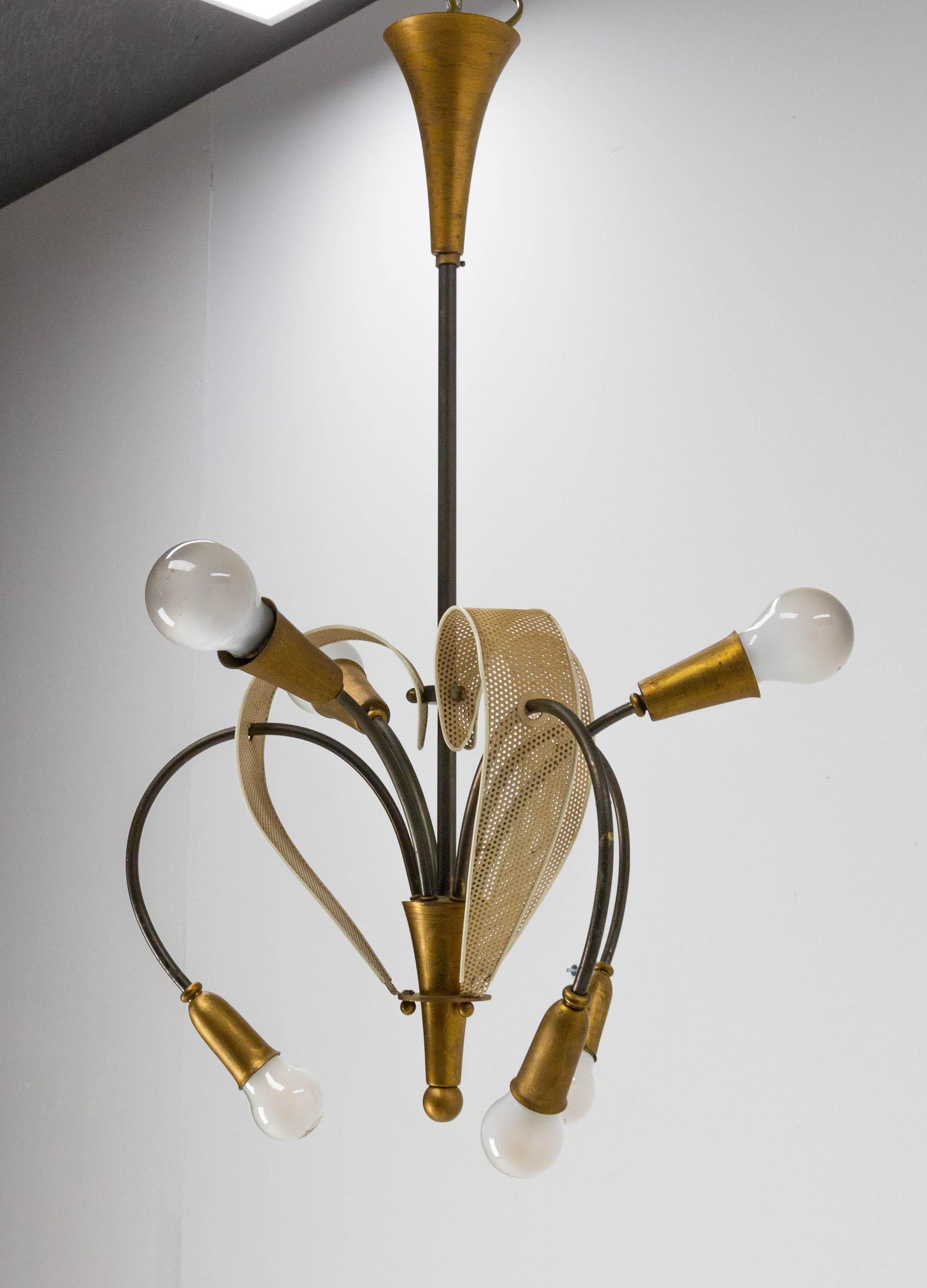 Brass French Chandelier Ceiling Pendant Lustre c. 1950 by Pierre Guariche for Disderot For Sale