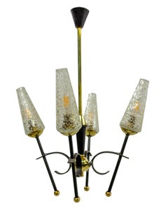Lustre plafonnier Lustre Four Lamps Black Metal & Brass, c 1960