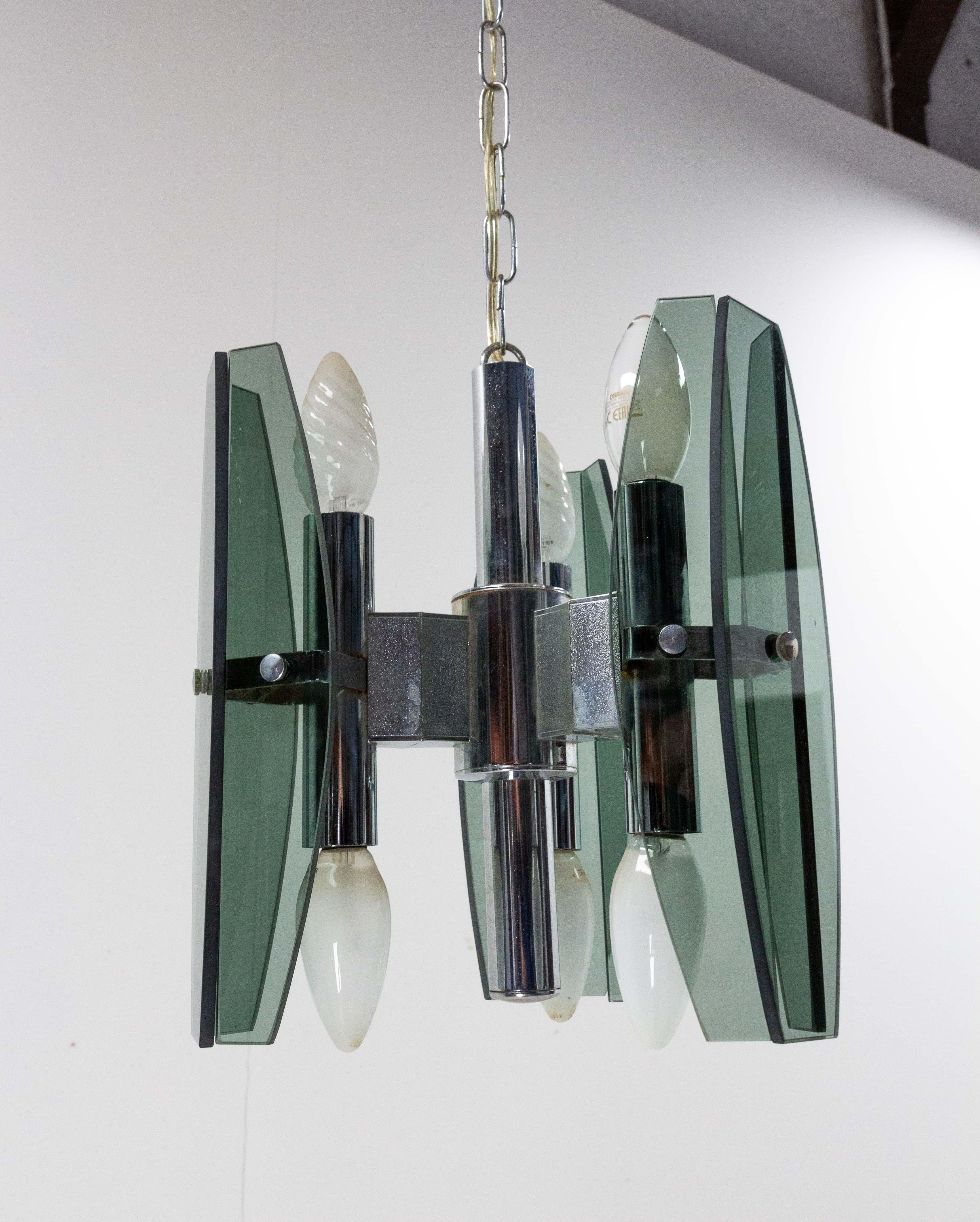 Mid-Century Modern French Chandelier Ceiling Pendant Lustre Glass and Metel c. 1970 For Sale