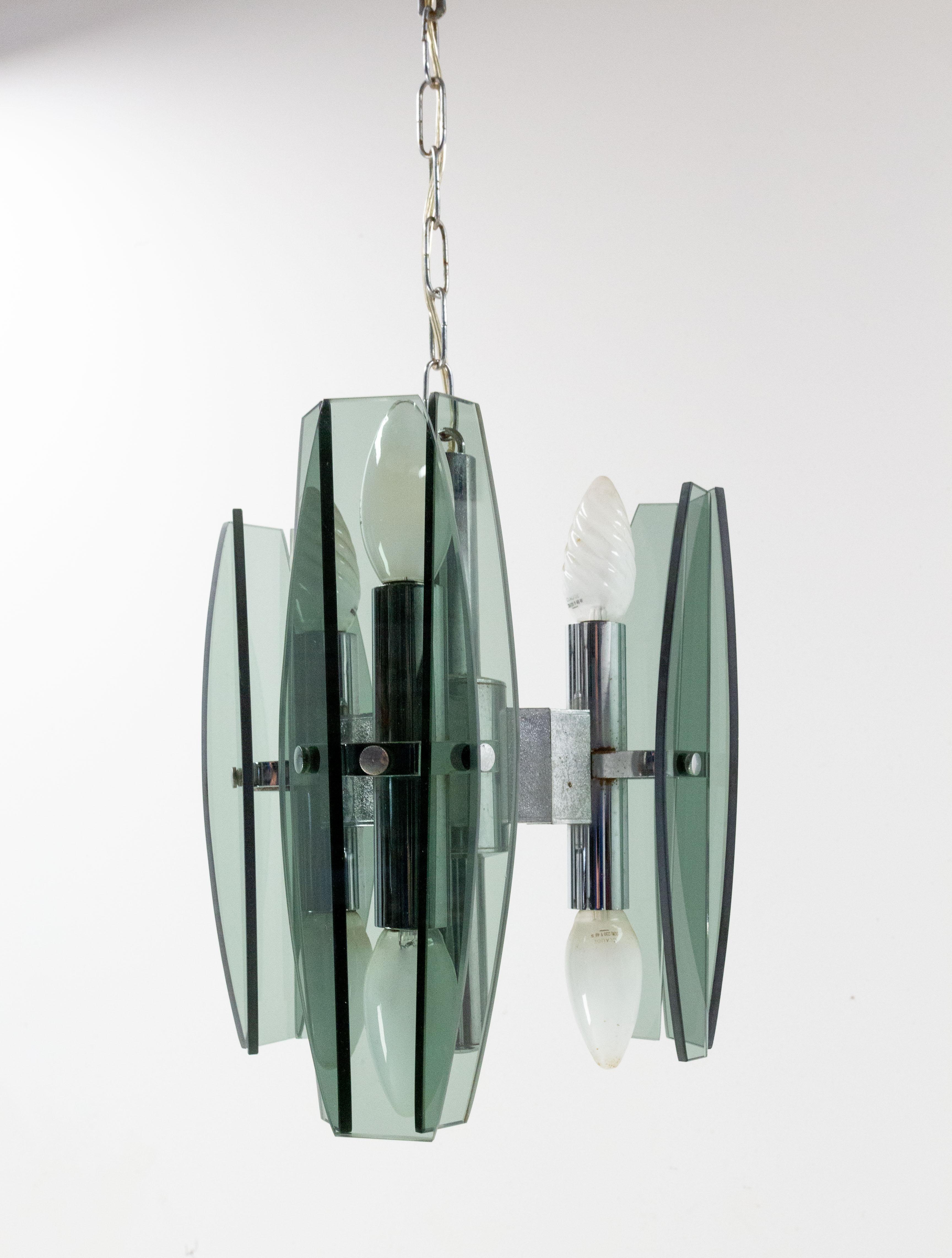 French Chandelier Ceiling Pendant Lustre Glass and Metel c. 1970 In Good Condition For Sale In Labrit, Landes