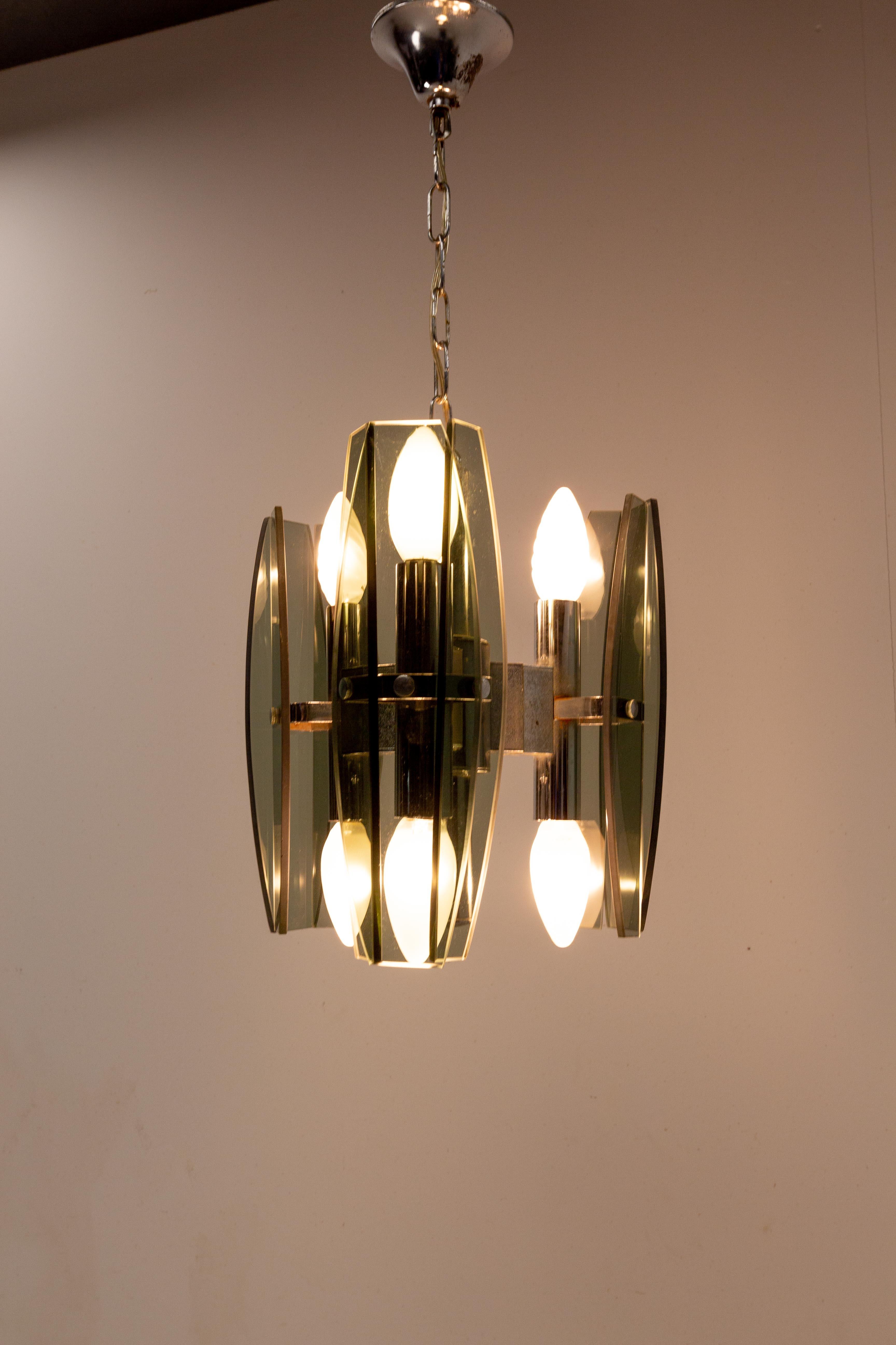 XX secolo Lampadario francese a sospensione da soffitto in vetro lustro e Metel, 1970 ca. in vendita