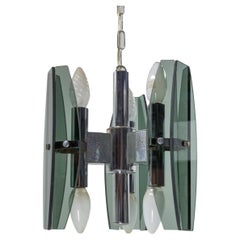 French Chandelier Ceiling Pendant Lustre Glass and Metel c. 1970