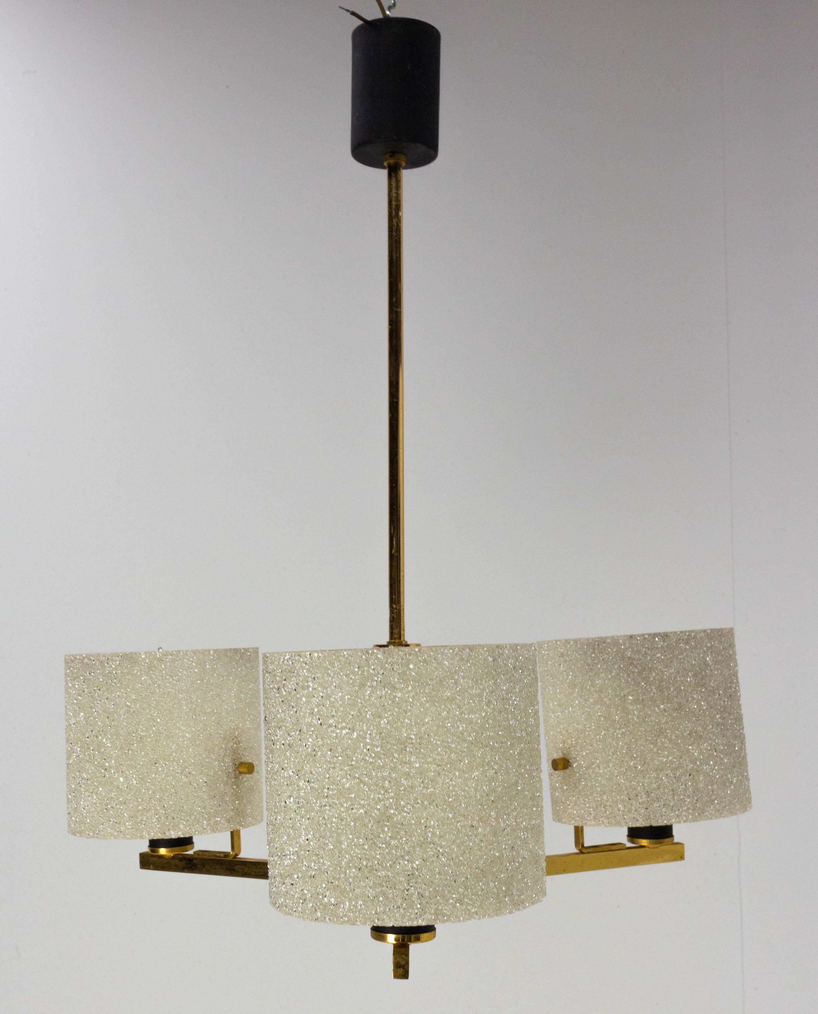 French Chandelier Ceiling Pendant Lustre Perspex and Brass Maison Arlus c. 1950 For Sale 1