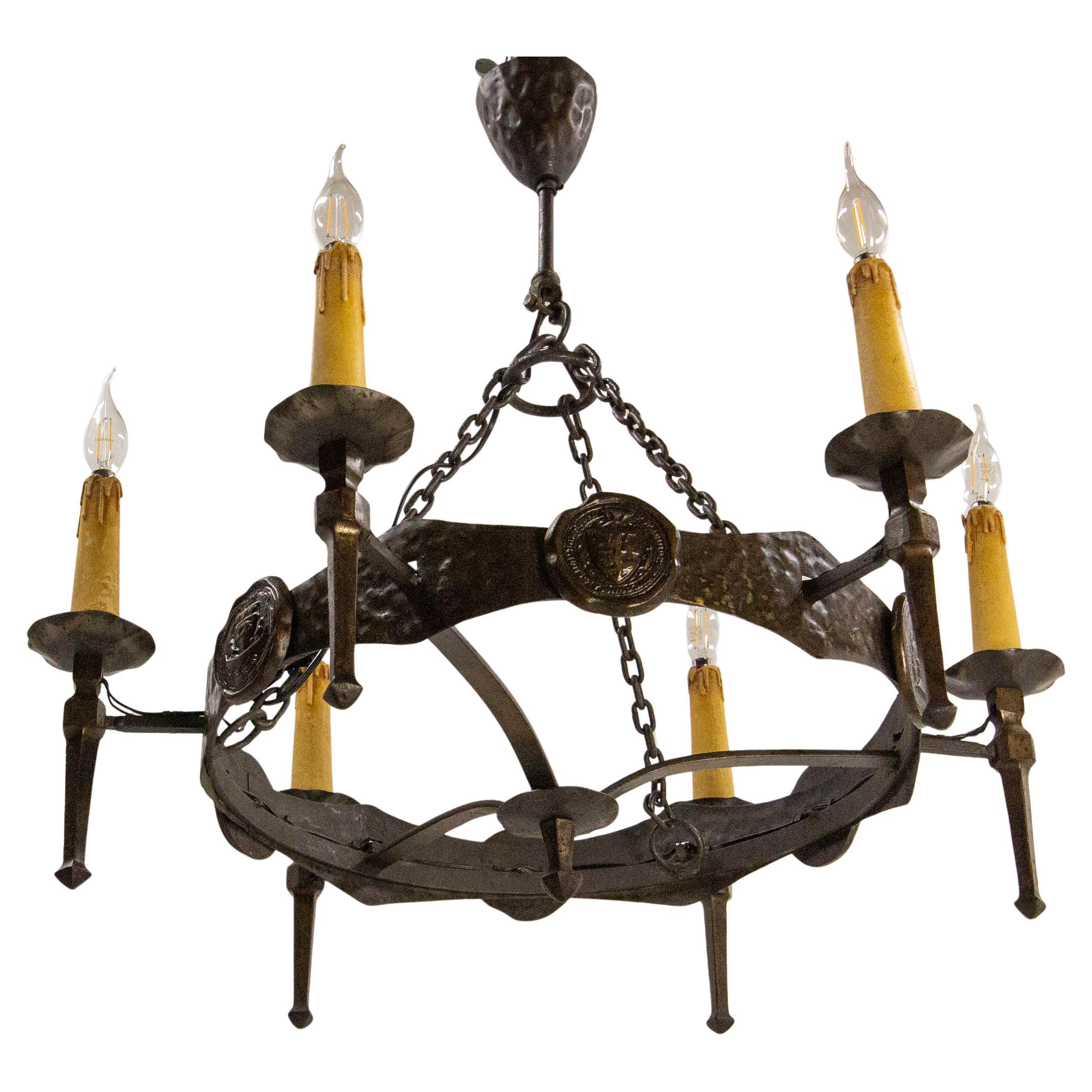 French Chandelier Ceiling Pendant Lustre six Lamps Wrought Iron, circa 1960