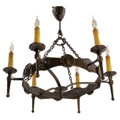 French Chandelier Ceiling Pendant Lustre six Lamps Wrought Iron, circa 1960