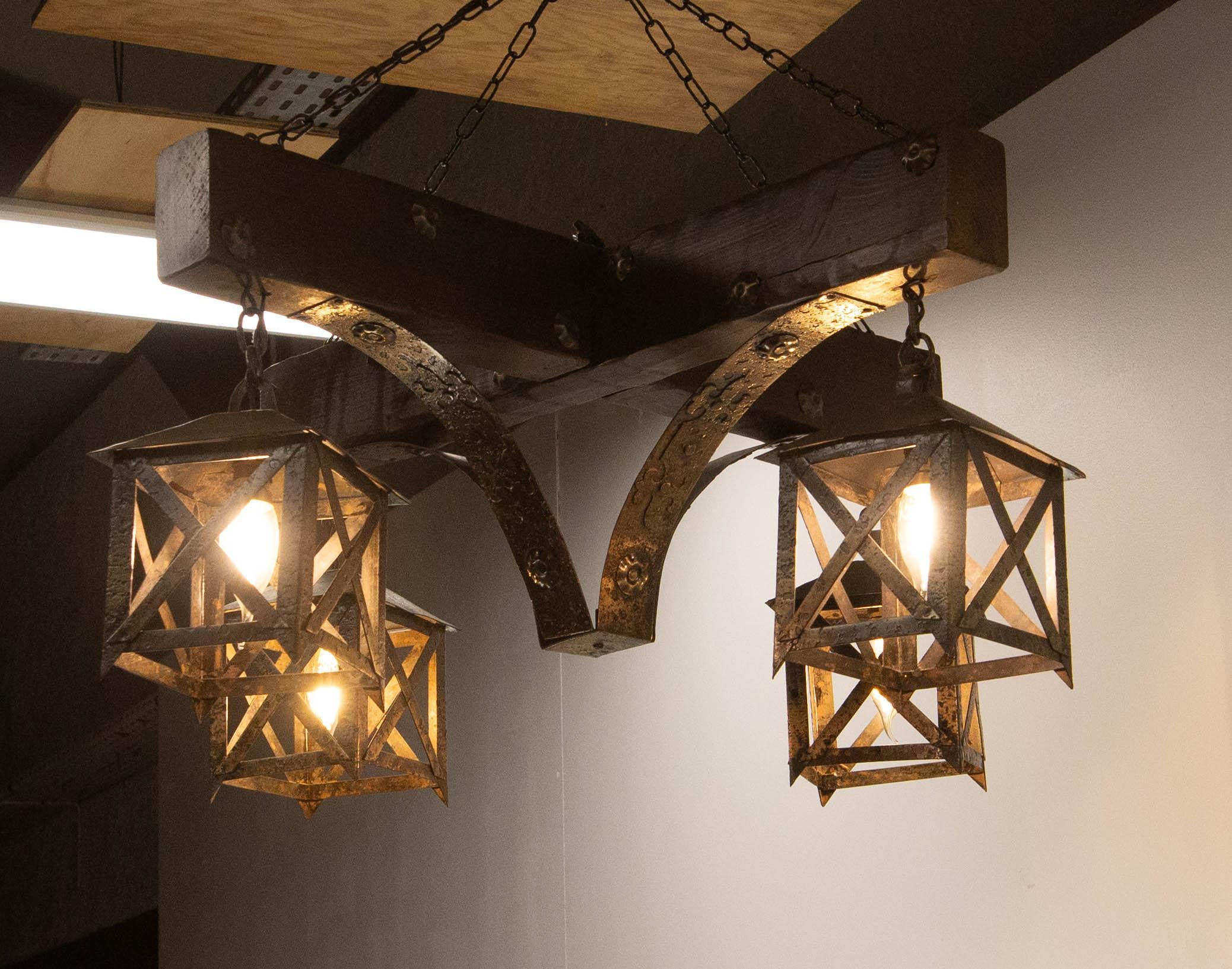 French Chandelier Ceiling Pendant Lustre Spanish Style Oak & Wrought Iron, c1960 For Sale 5