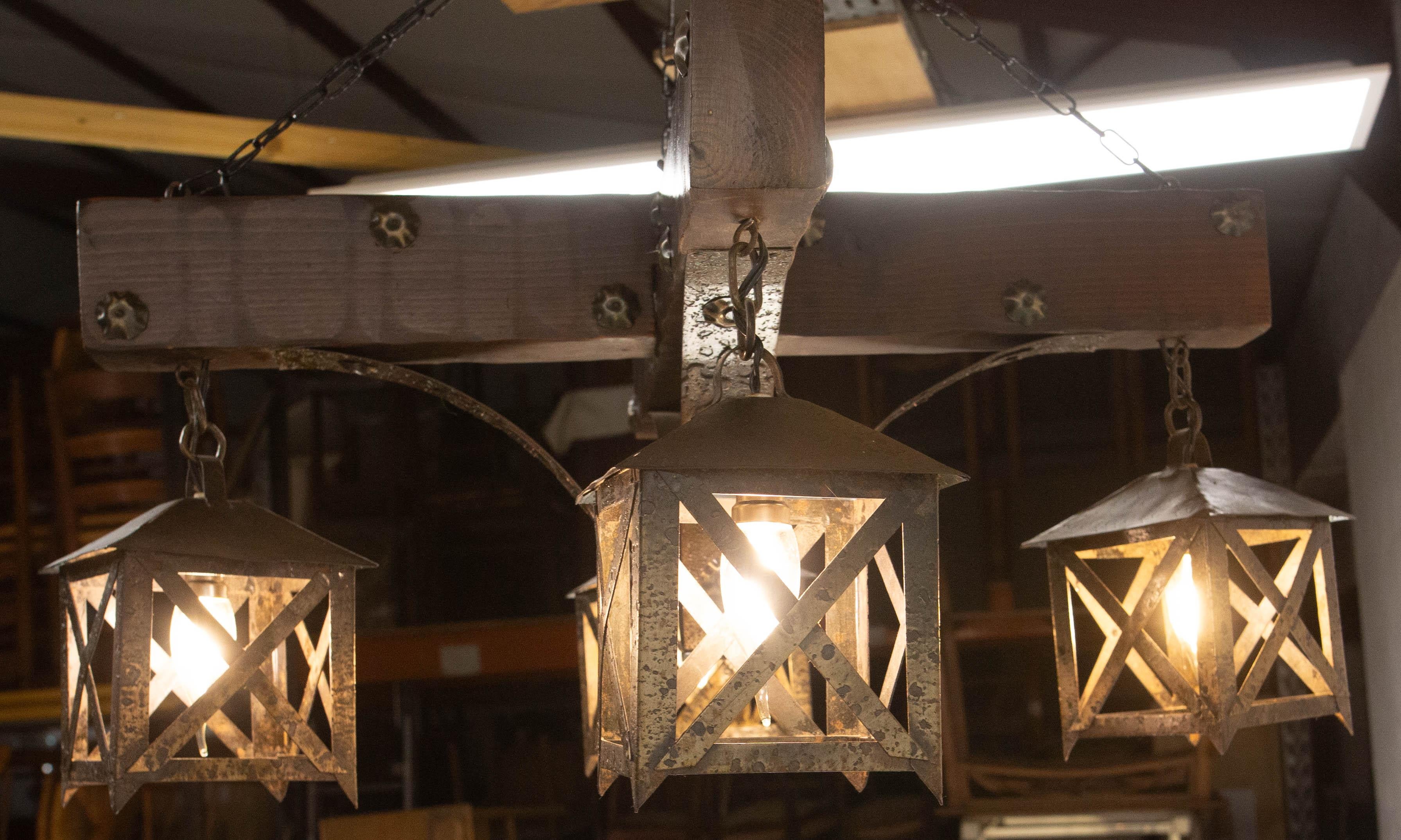 French Chandelier Ceiling Pendant Lustre Spanish Style Oak & Wrought Iron, c1960 For Sale 6