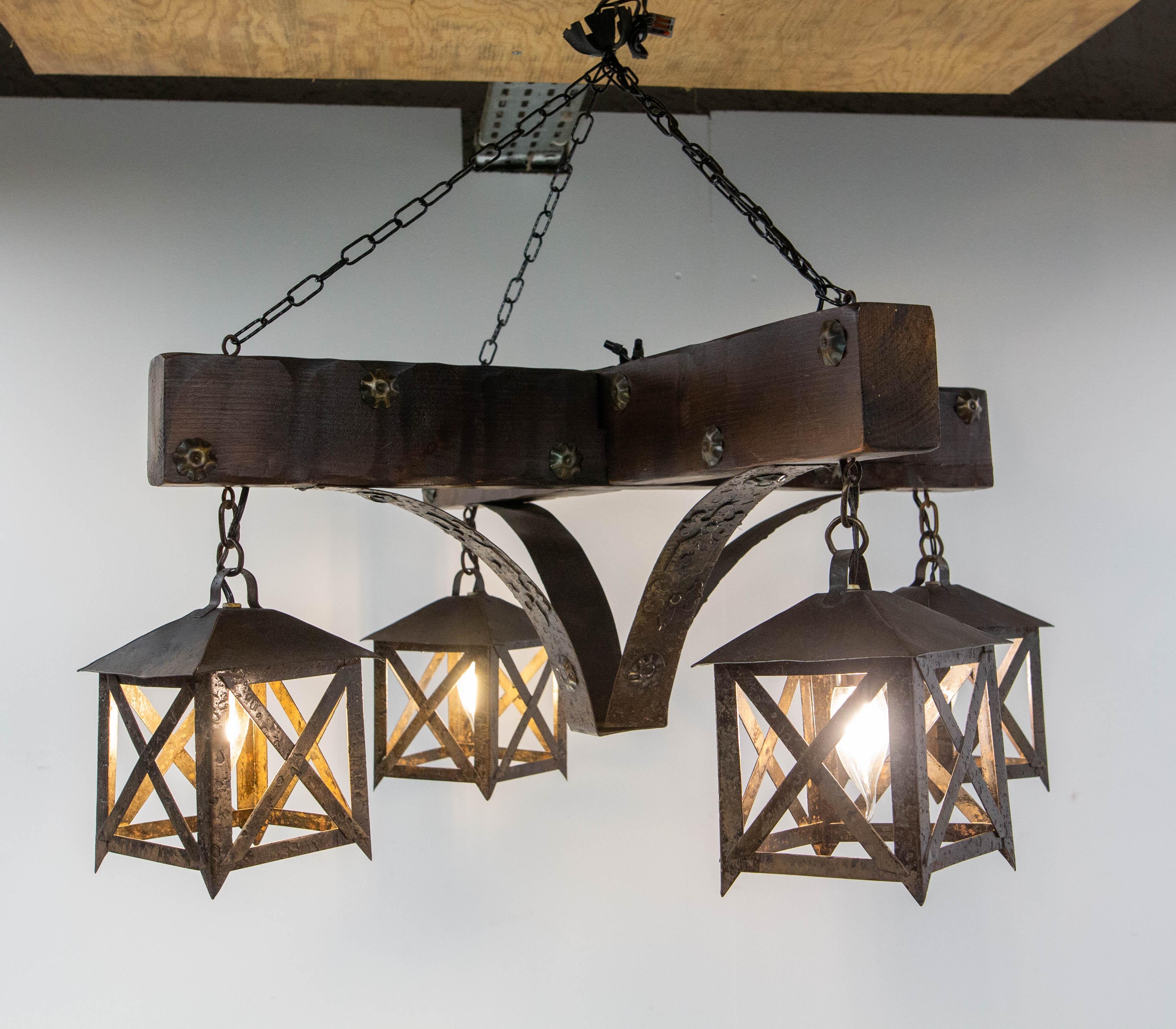 French Chandelier Ceiling Pendant Lustre Spanish Style Oak & Wrought Iron, c1960 For Sale 7