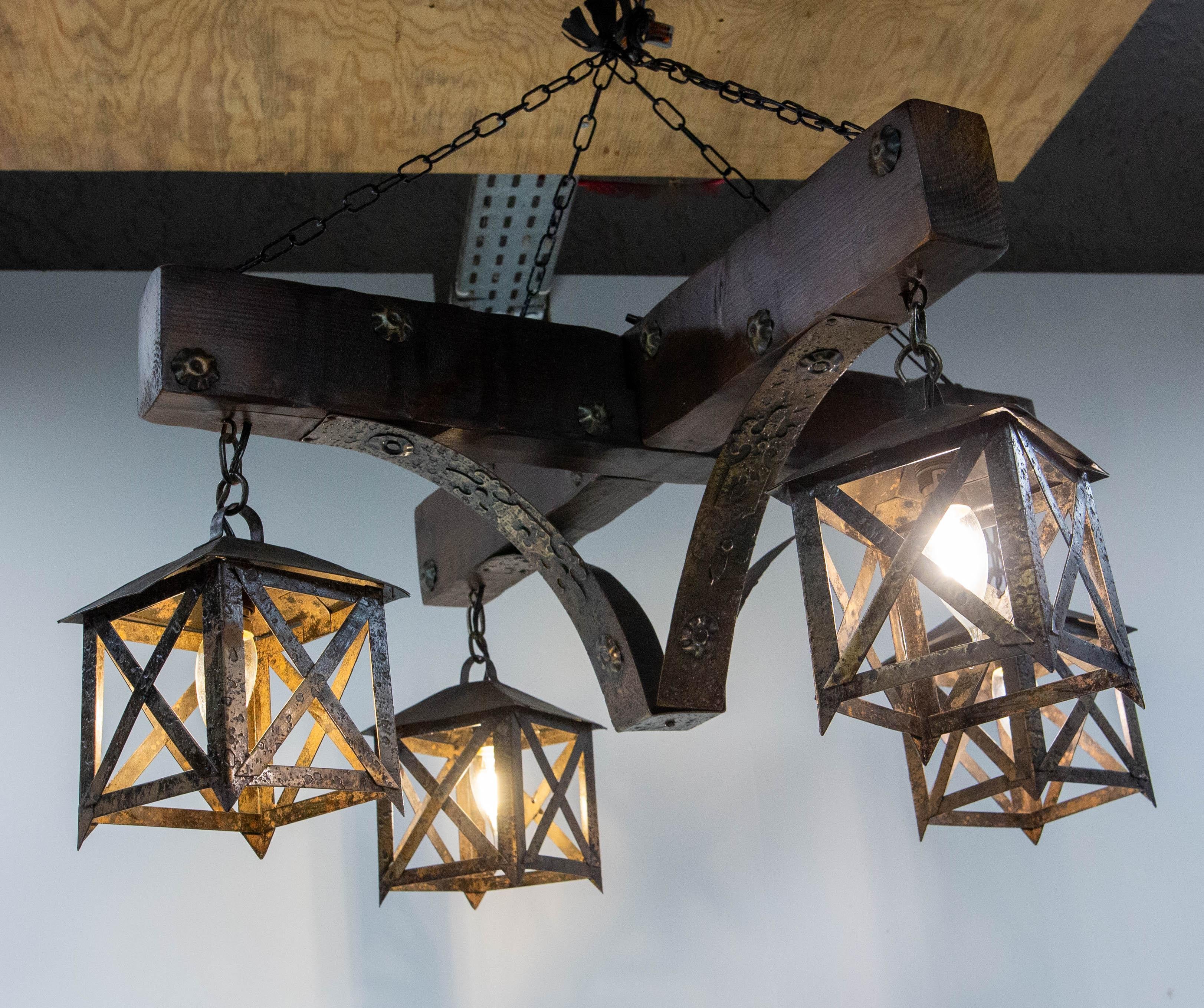 French Chandelier Ceiling Pendant Lustre Spanish Style Oak & Wrought Iron, c1960 For Sale 8