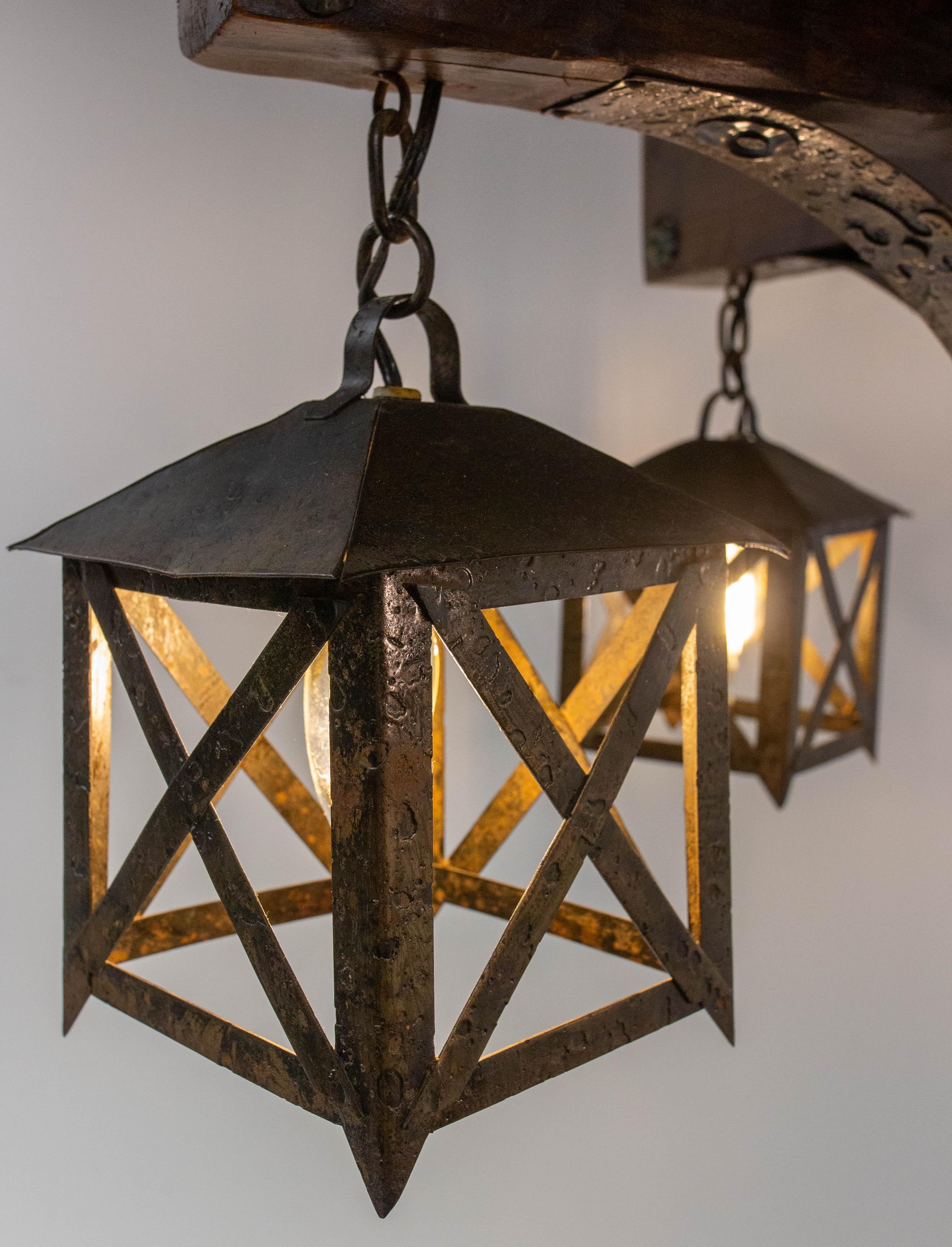 Mid-Century Modern French Chandelier Ceiling Pendant Lustre Spanish Style Oak & Wrought Iron, c1960 For Sale