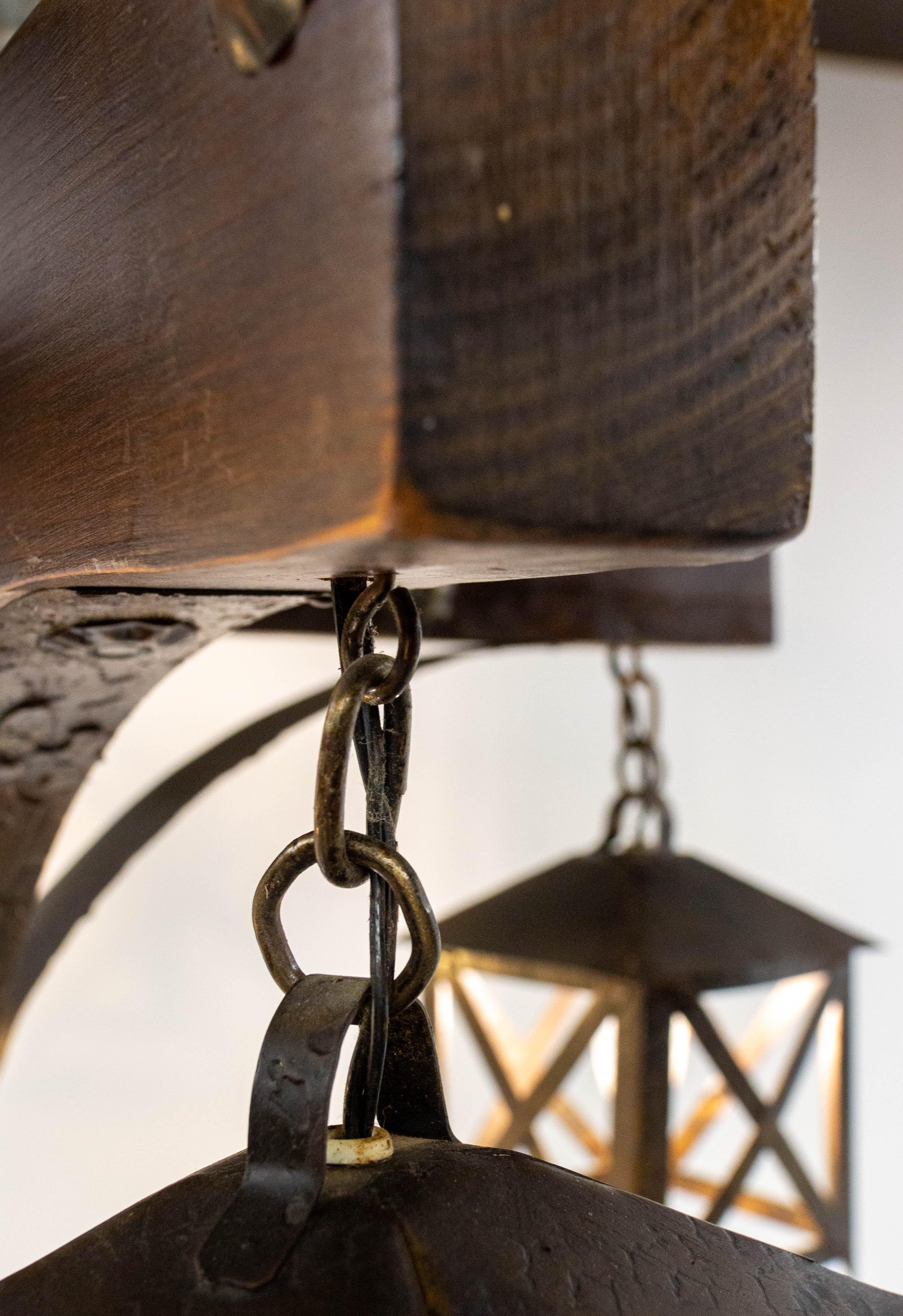 French Chandelier Ceiling Pendant Lustre Spanish Style Oak & Wrought Iron, c1960 In Good Condition For Sale In Labrit, Landes