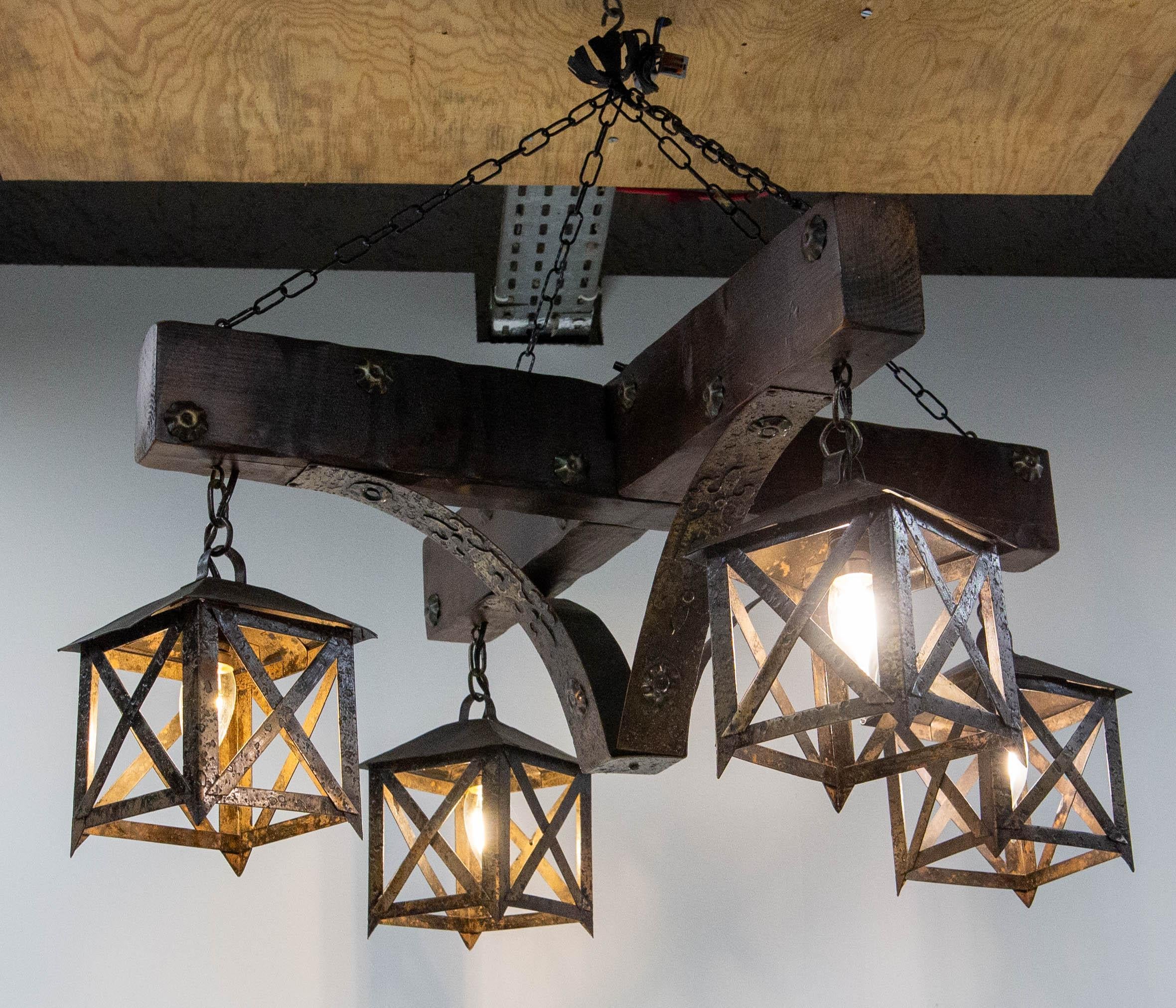20th Century French Chandelier Ceiling Pendant Lustre Spanish Style Oak & Wrought Iron, c1960 For Sale