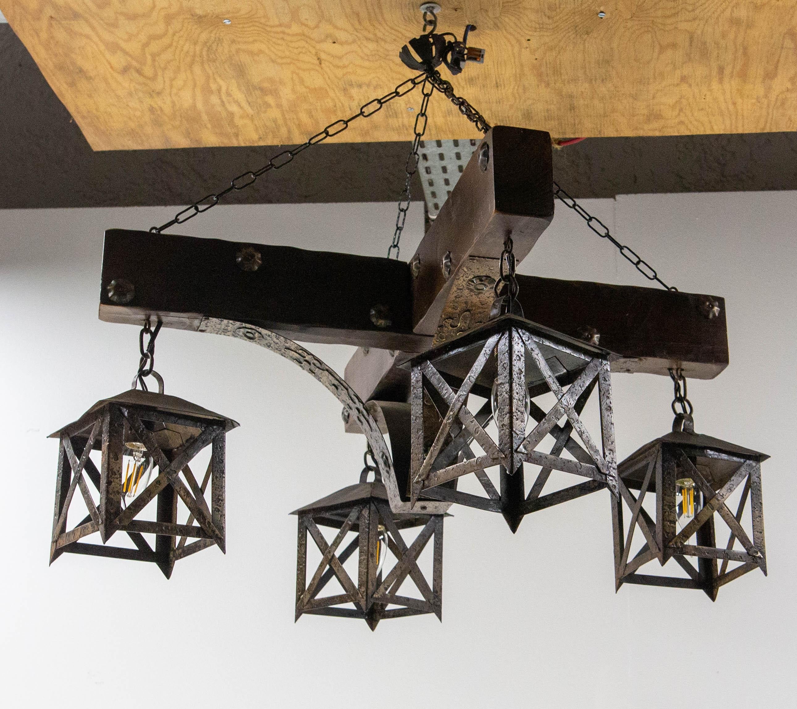 French Chandelier Ceiling Pendant Lustre Spanish Style Oak & Wrought Iron, c1960 For Sale 1