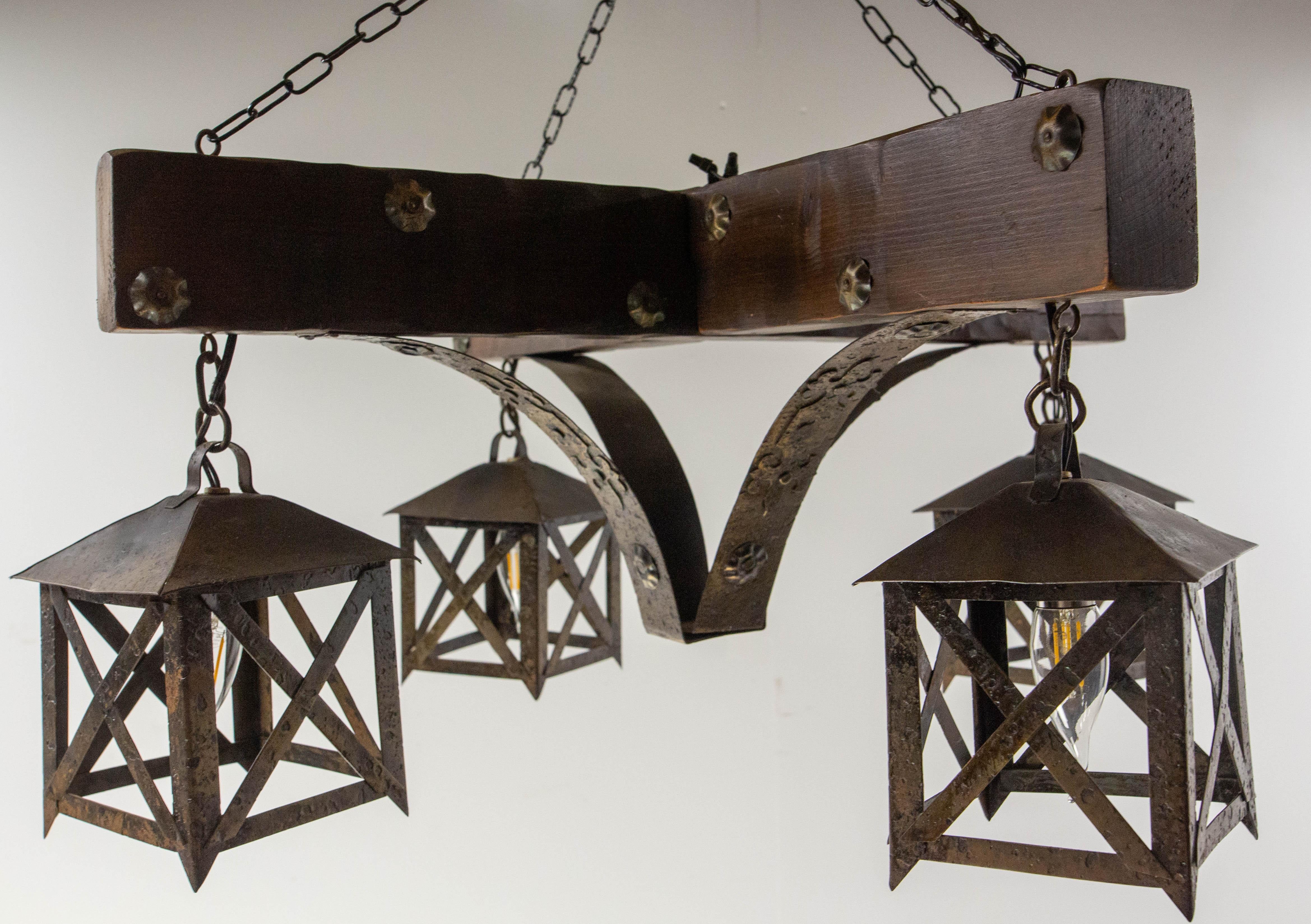 French Chandelier Ceiling Pendant Lustre Spanish Style Oak & Wrought Iron, c1960 For Sale 2