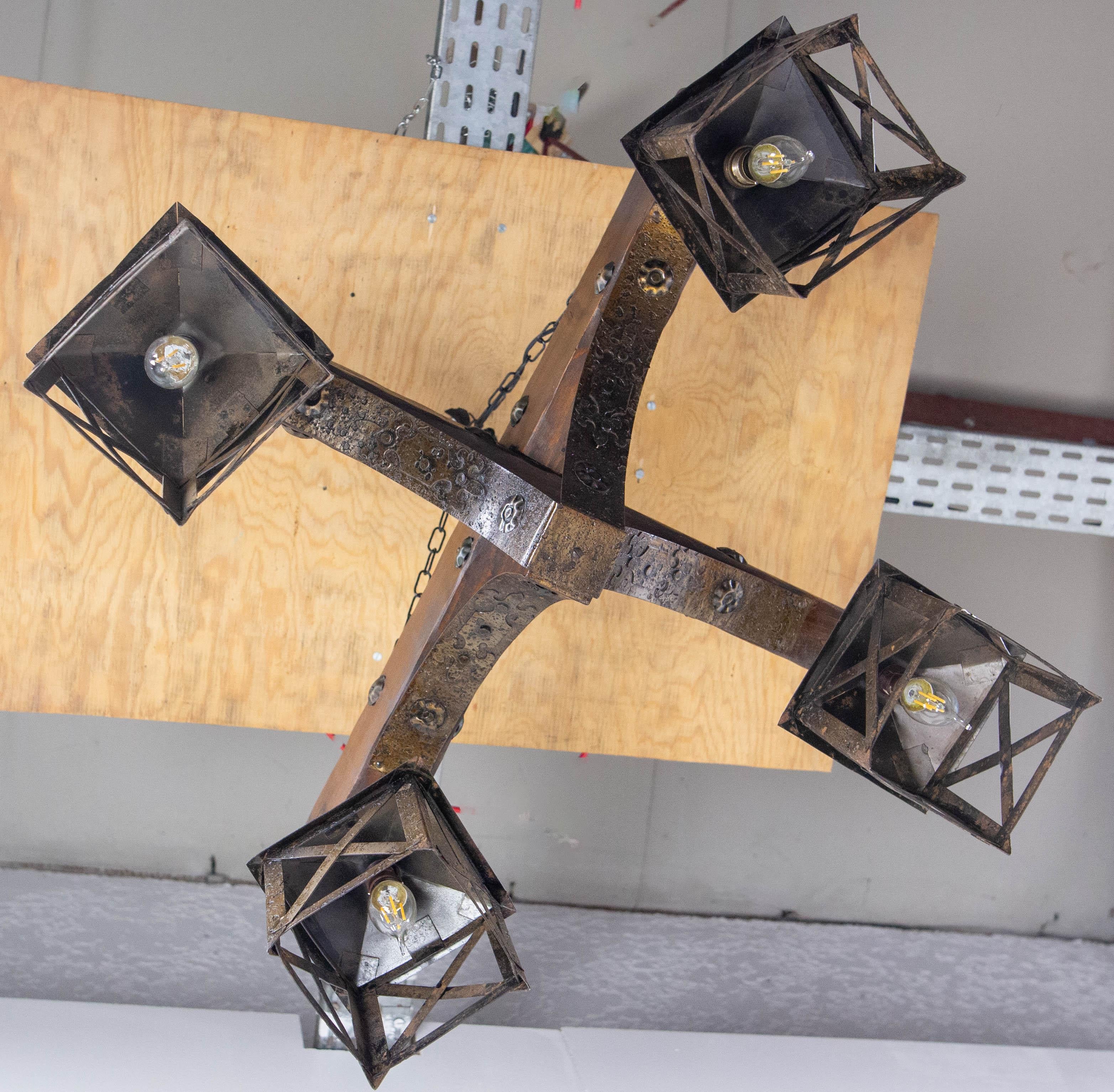 French Chandelier Ceiling Pendant Lustre Spanish Style Oak & Wrought Iron, c1960 For Sale 3