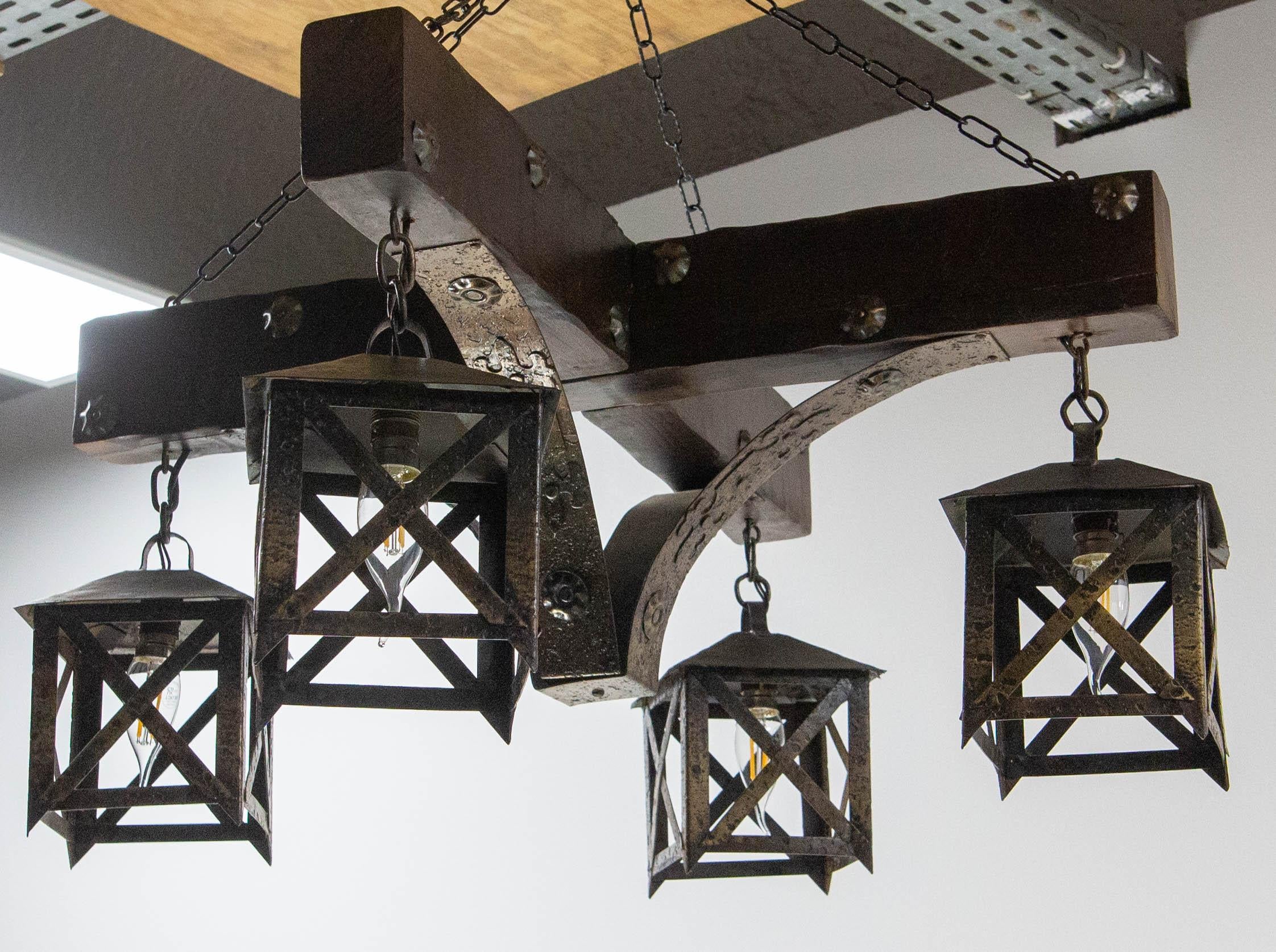 French Chandelier Ceiling Pendant Lustre Spanish Style Oak & Wrought Iron, c1960 For Sale 4