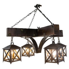 French Chandelier Ceiling Pendant Lustre Spanish Style Oak & Wrought Iron, c1960
