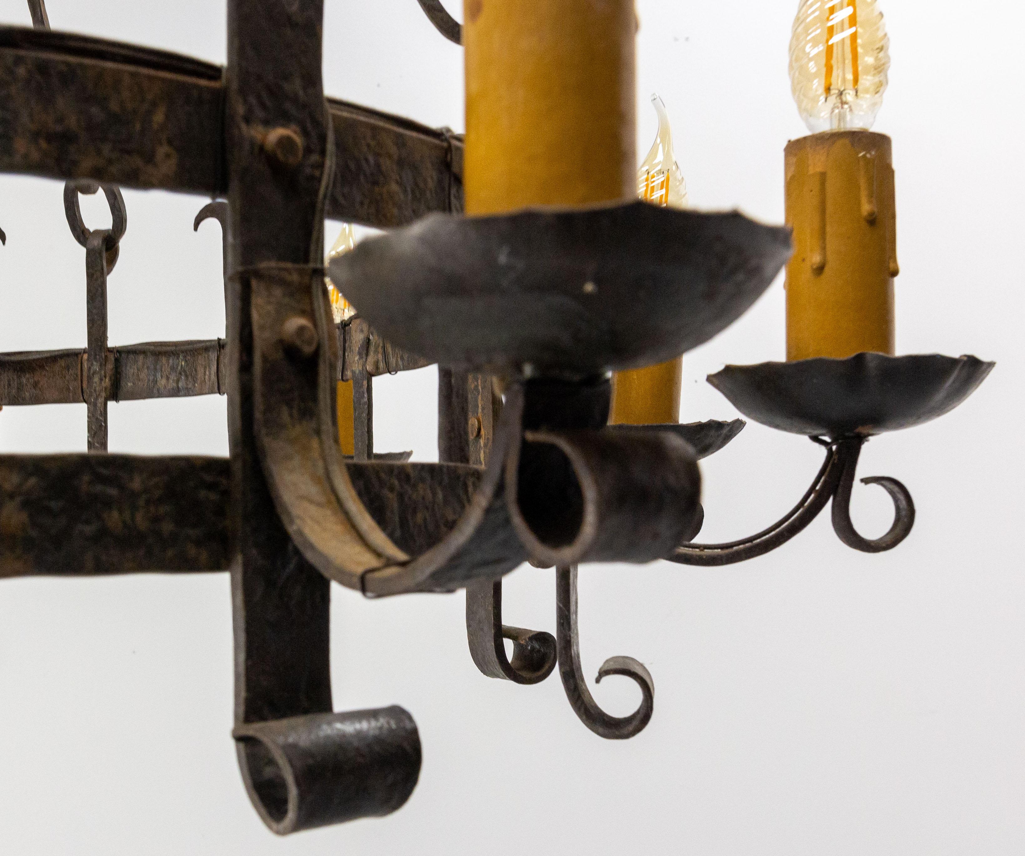 French Chandelier Ceiling Pendant Lustre Ten Lamps Wrought Iron, C. 1960 8