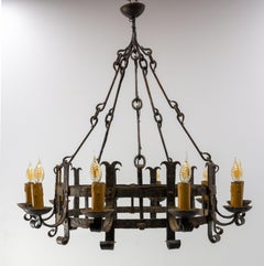 French Chandelier Ceiling Pendant Lustre Ten Lamps Wrought Iron, C. 1960