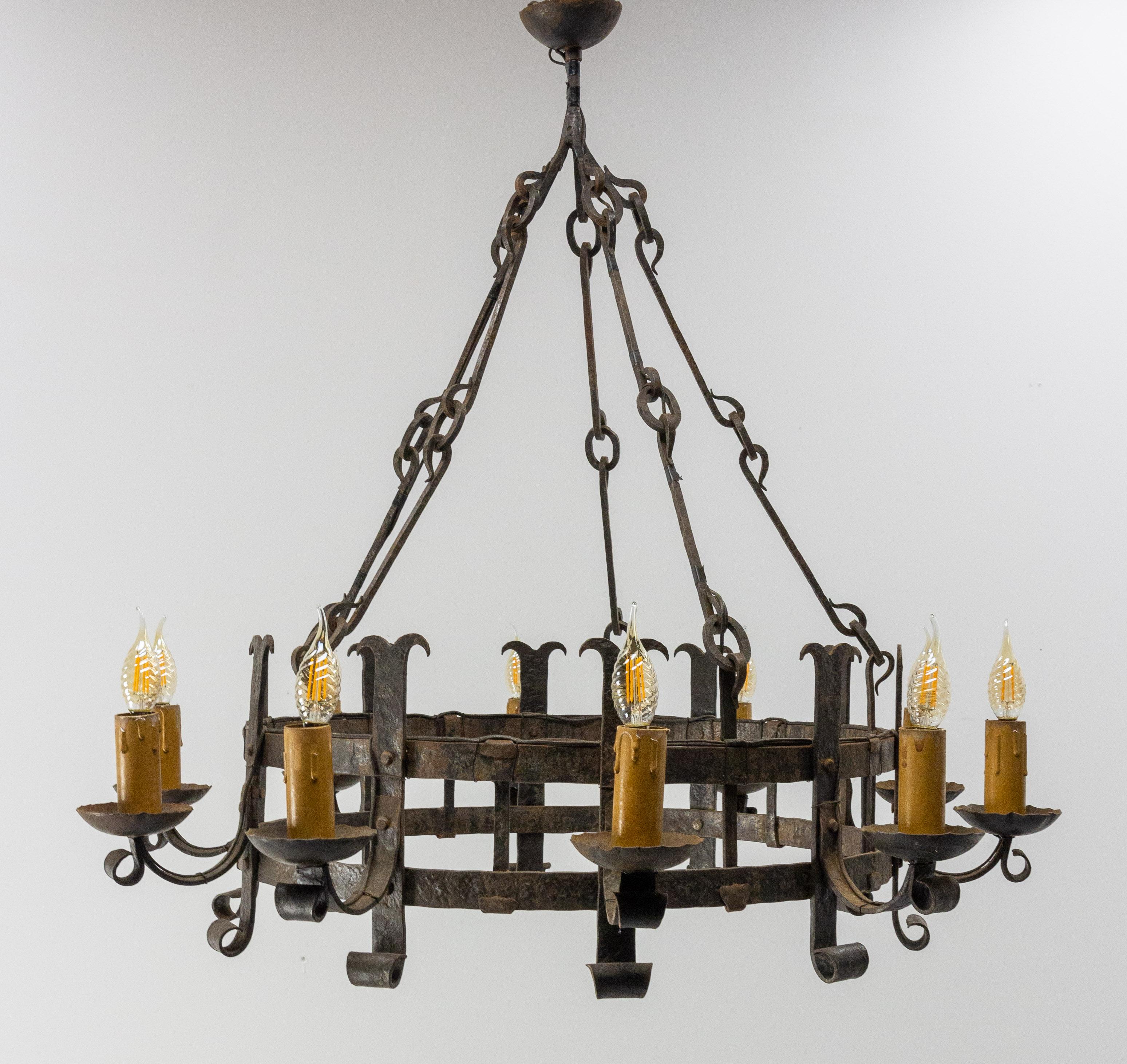Mid-Century Modern French Chandelier Ceiling Pendant Lustre Ten Lamps Wrought Iron, C. 1960